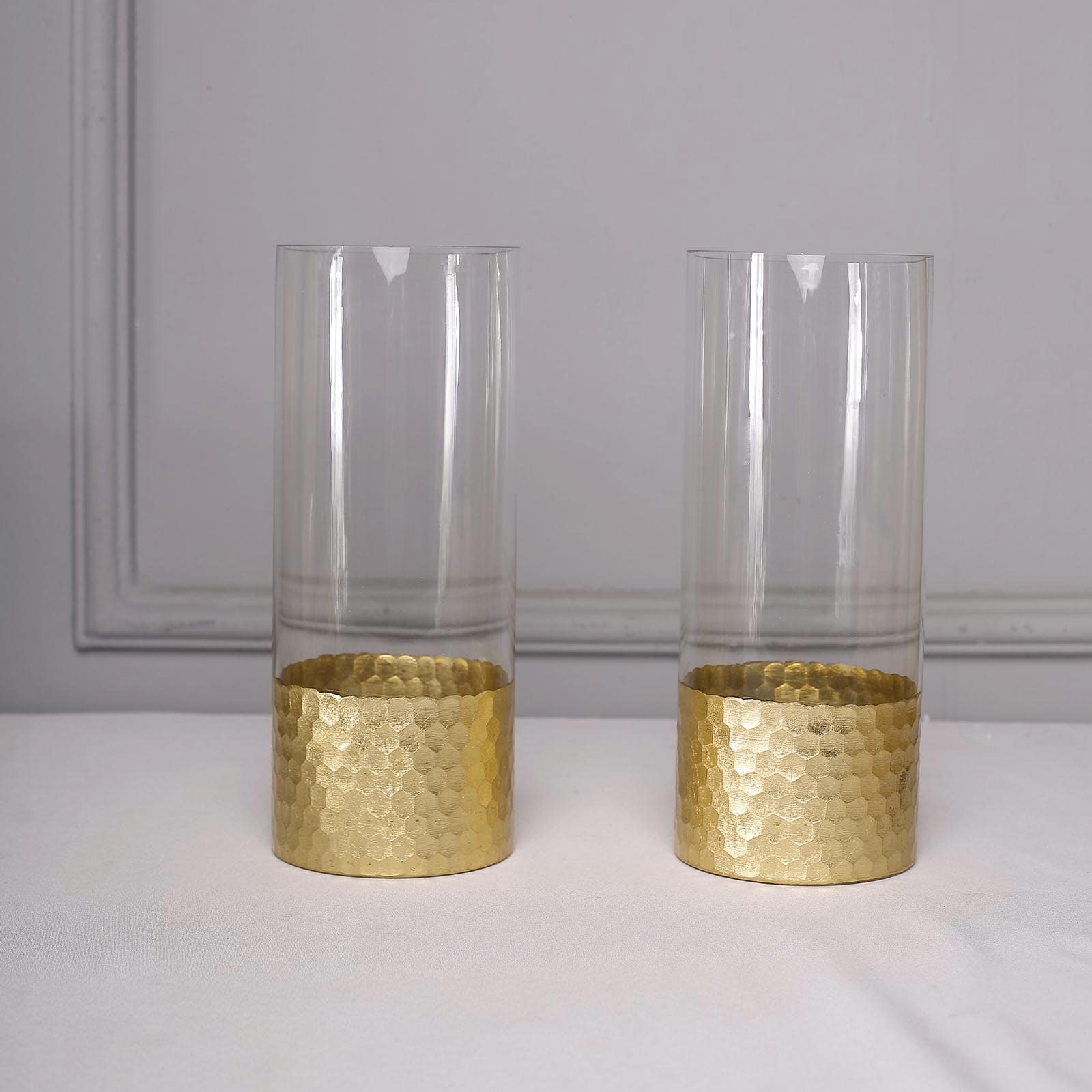 2-Pack Glass Cylinder Vases Honeycomb Design Clear with Gold Base - Decorative Candle Holder Centerpieces 12