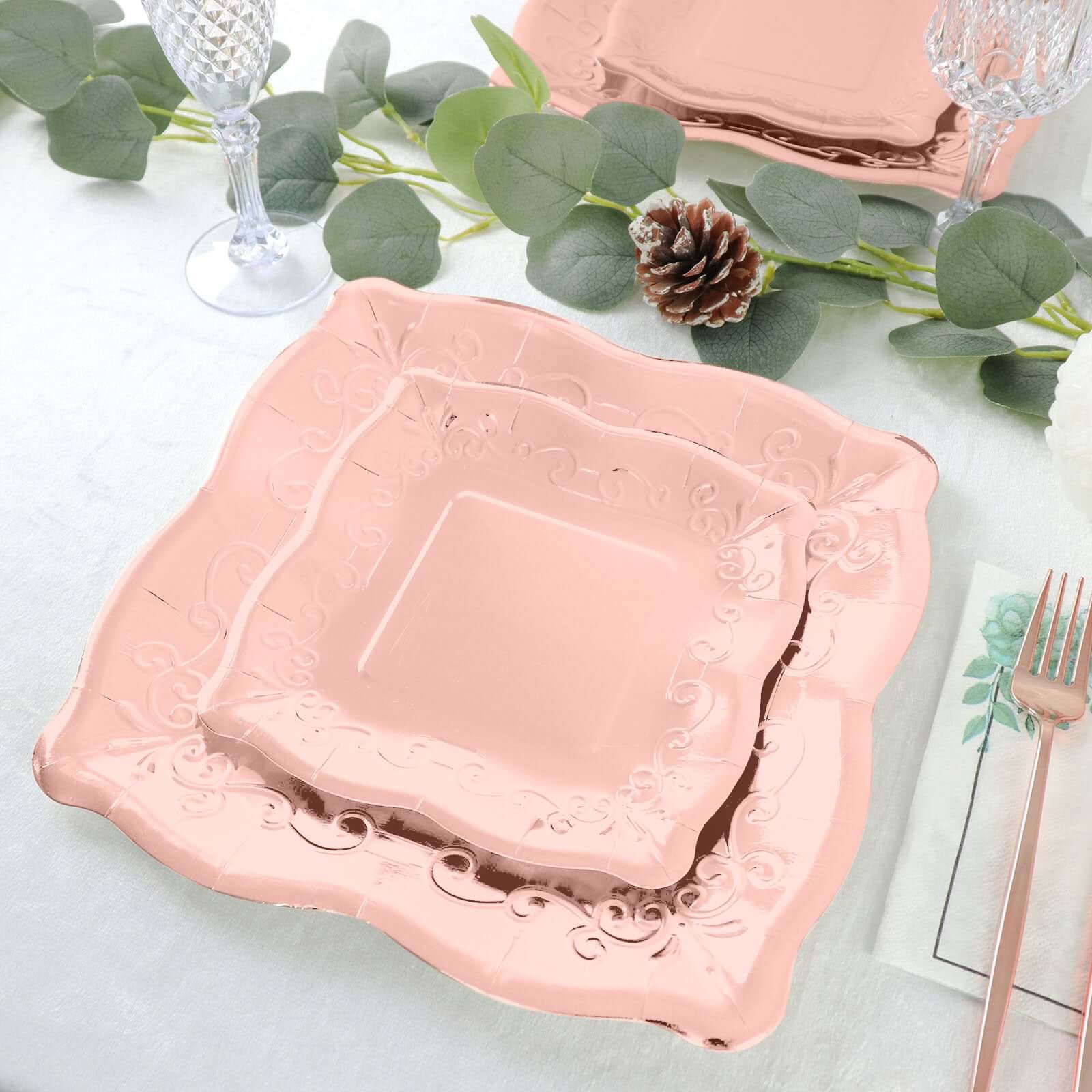 25-Pack Paper 11 Square Dinner Plates in Blush Rose Gold with Vintage Pottery Embossed Design - Shiny Metallic Disposable Serving Plates