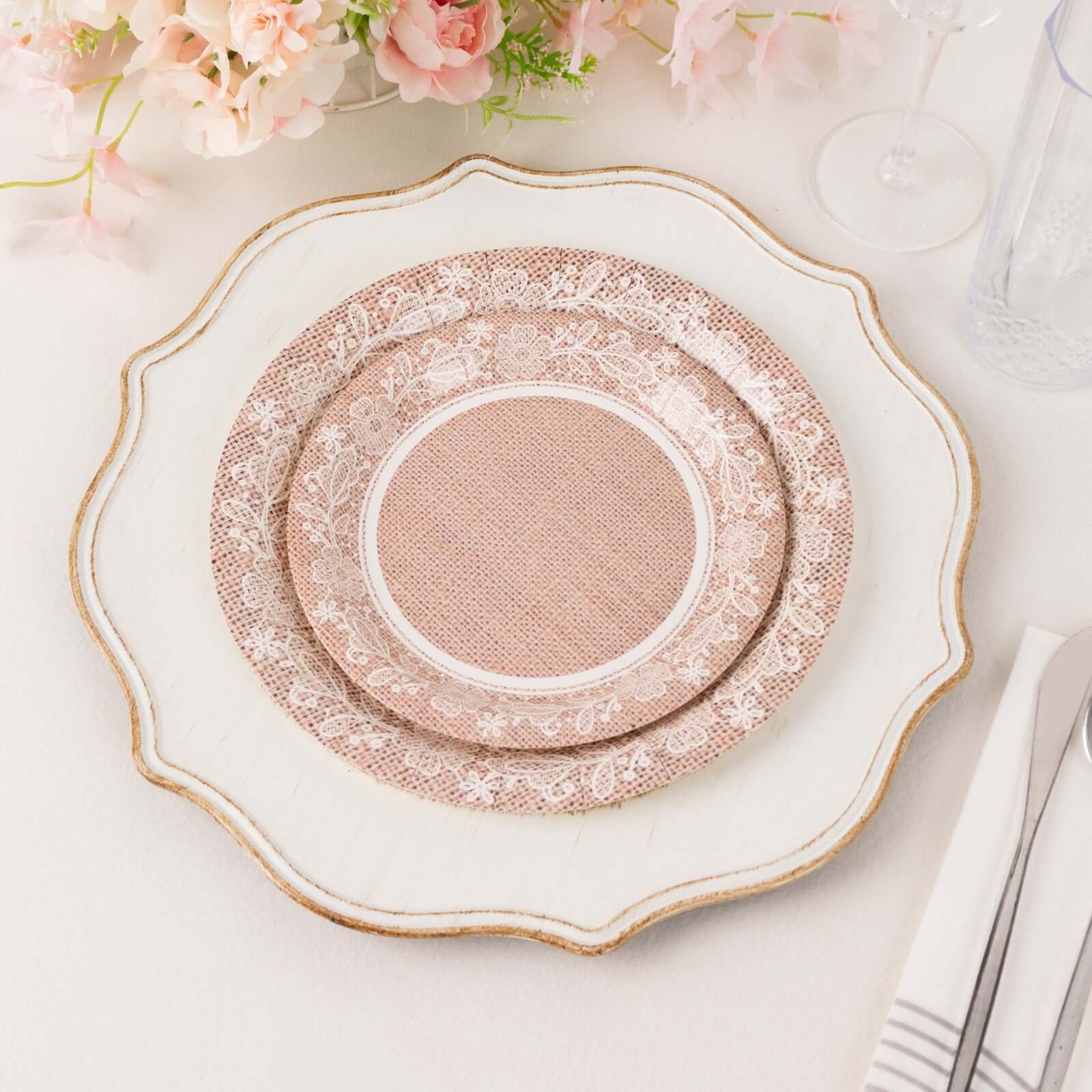 25-Pack Paper 7 Round Dessert Plates in Natural Burlap Print with Floral Lace Rim - Disposable Rustic Appetizer Salad Plates for Farmhouse Weddings & Celebrations