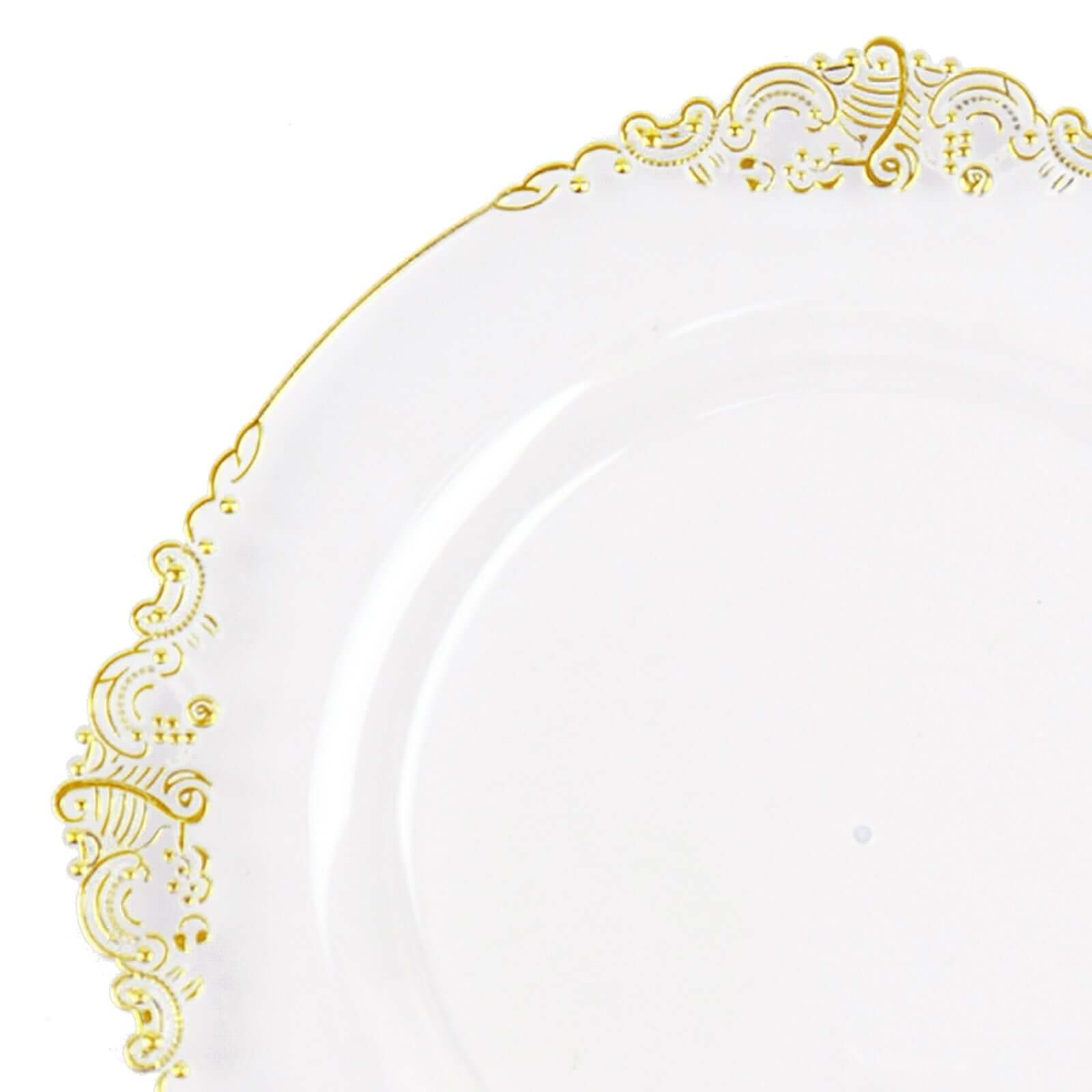 10-Pack Plastic 10 Round Dinner Plates in Clear with Gold Leaf Embossed Rim - Disposable Vintage Baroque Style Plates