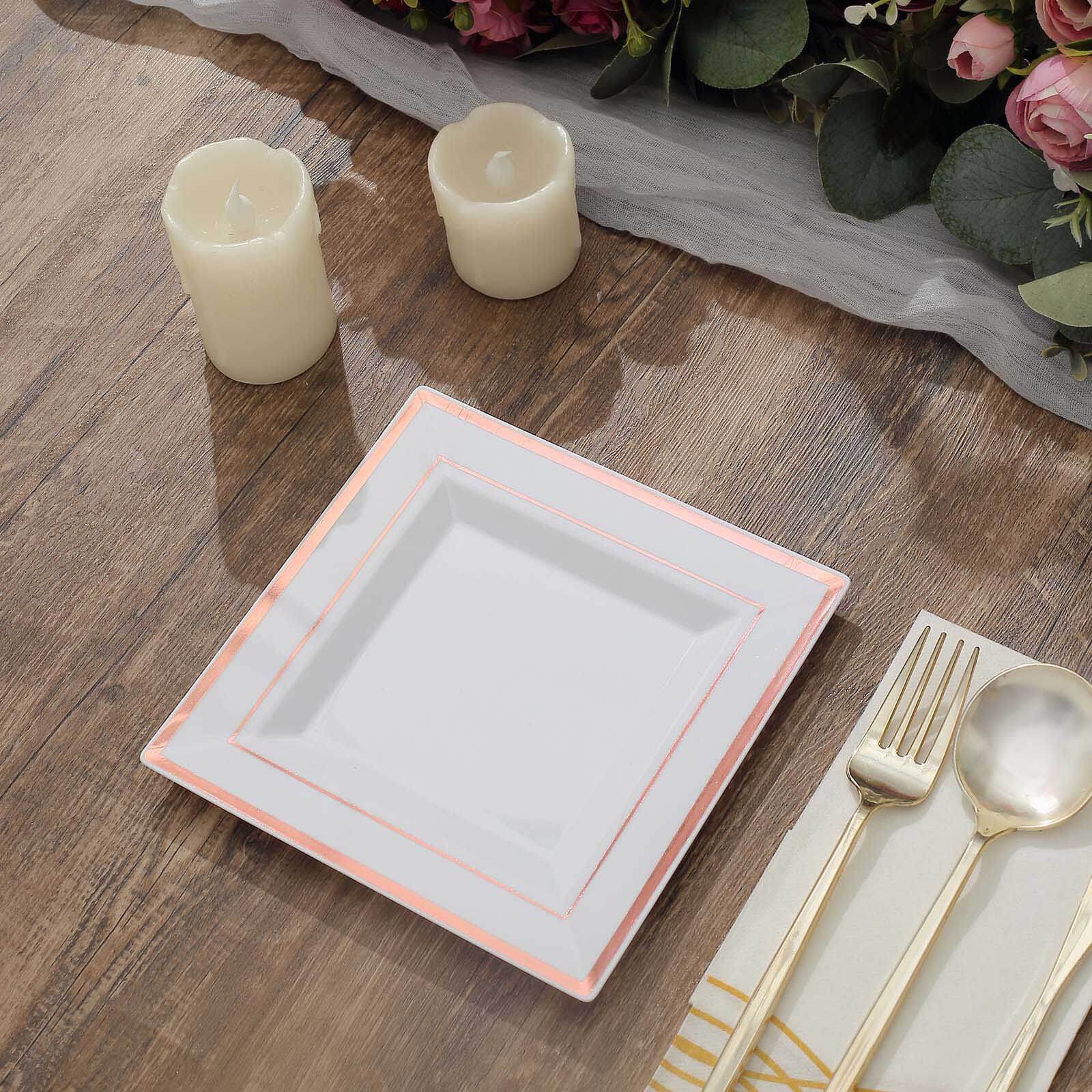 10-Pack Plastic Salad Dessert Plates White Square with Rose Gold Trim - Durable Disposable Appetizer Plates 7