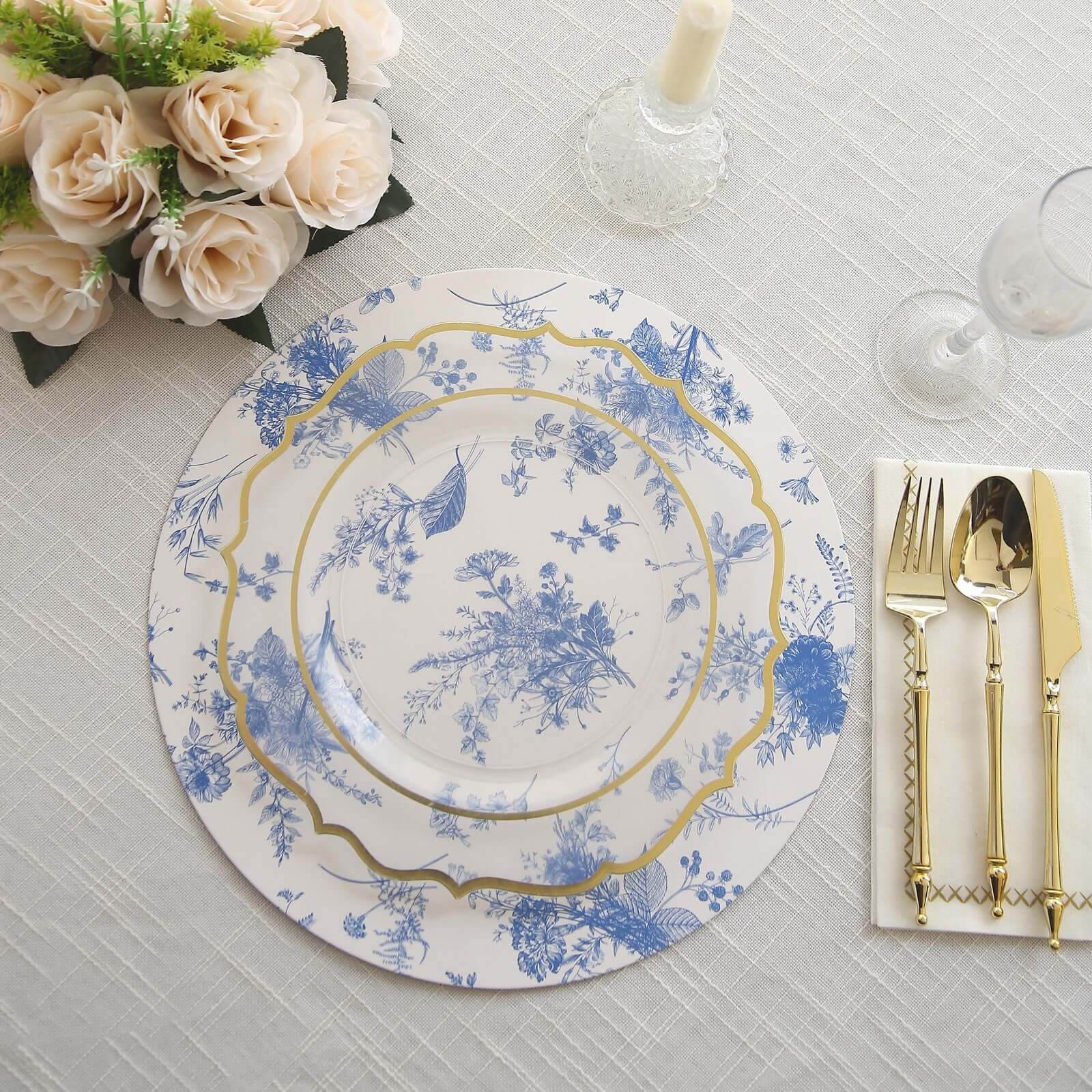 6-Pack Disposable Charger Plates in French Toile Print 13 in White/Blue - 700GSM Floral Paper Chargers for Stylish & Easy Cleanup