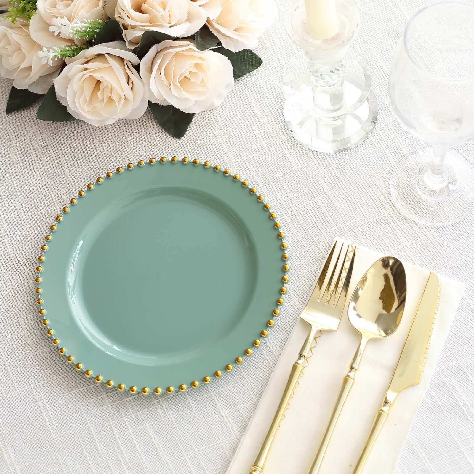 10-Pack Plastic 8 Round Appetizer Dessert Plates in Dusty Sage Green with Gold Beaded Rim - Disposable Salad Plates