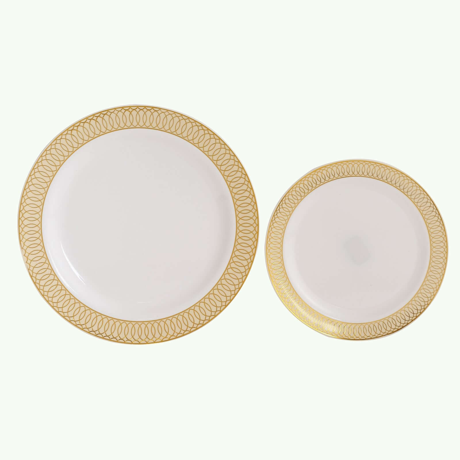 10-Pack Plastic Round Dessert Plates 7 White with Beige Gold Spiral Rim - Disposable Salad Plates