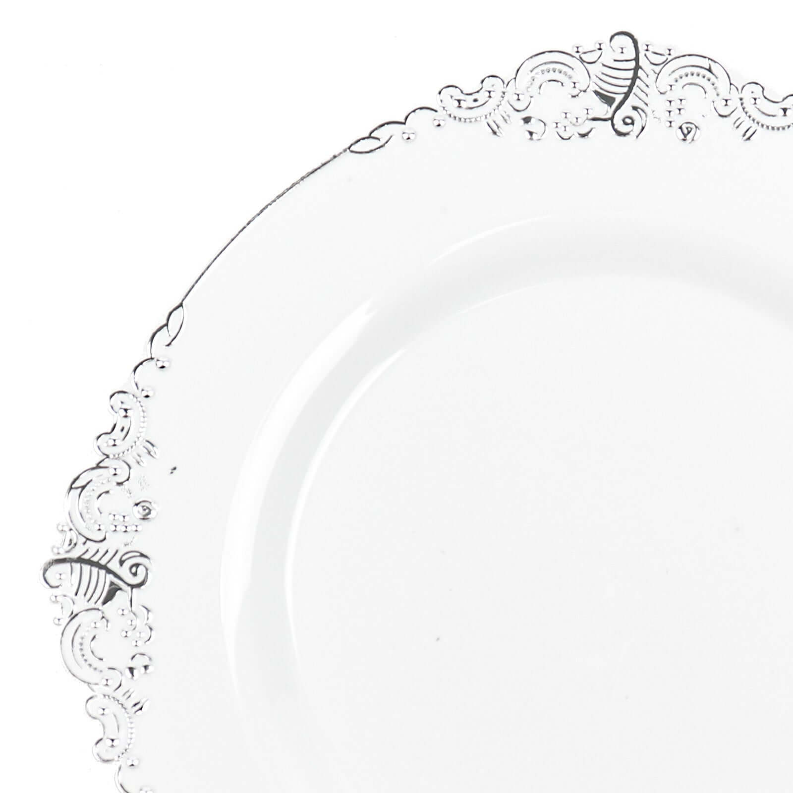 10-Pack Plastic 8 Round Dessert Plates in White with Silver Leaf Embossed Rim - Disposable Vintage Baroque Style Salad Plates