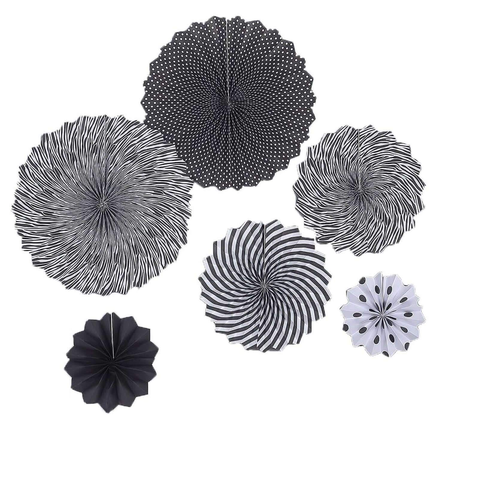 Set of 6 Black White Hanging Paper Fan Decorations, Pinwheel Wall Backdrop Party Kit - 8, 12, 16