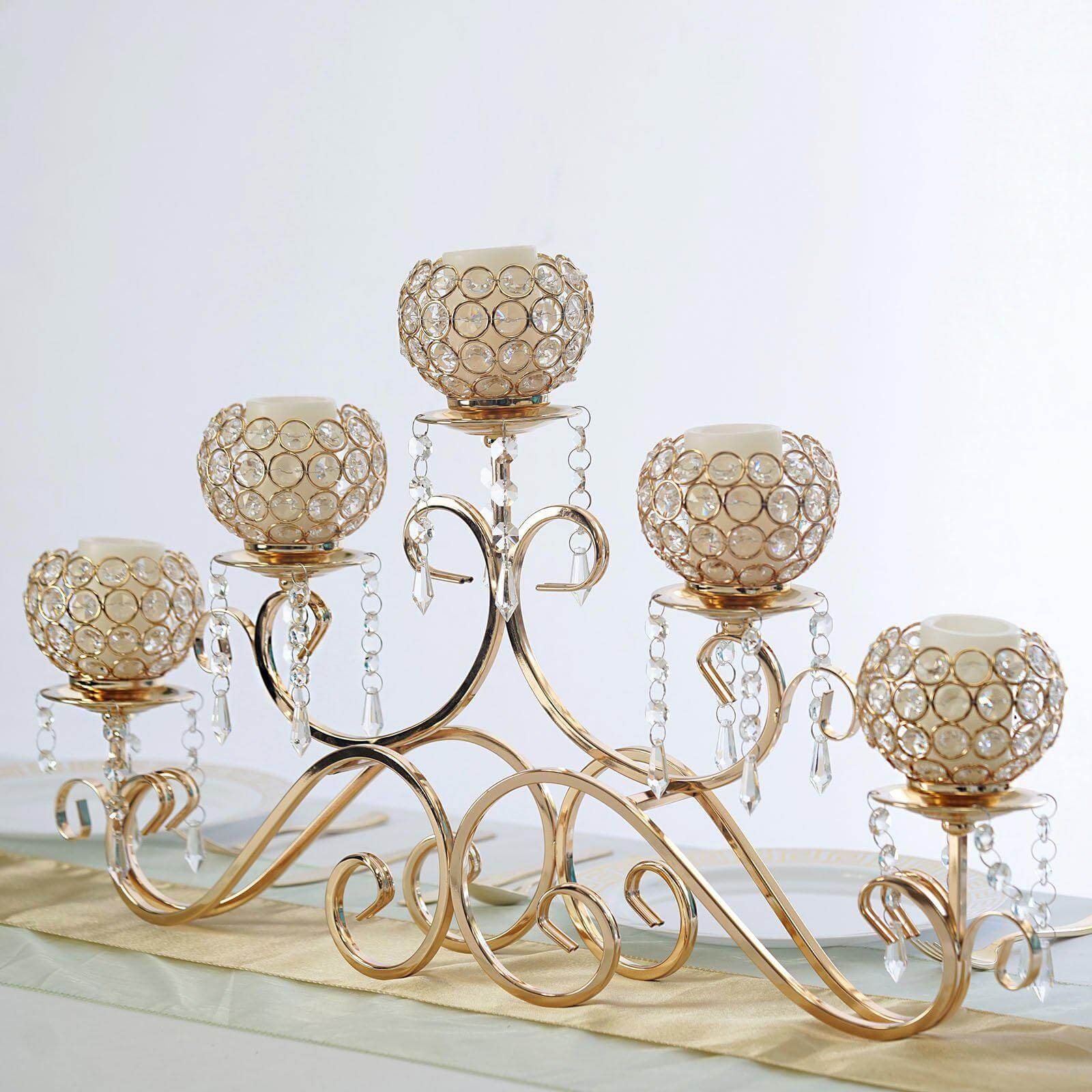 5-Arm Metal Candelabra Horizontal Design with Crystal Goblets Gold - Table Centerpiece for Events 27