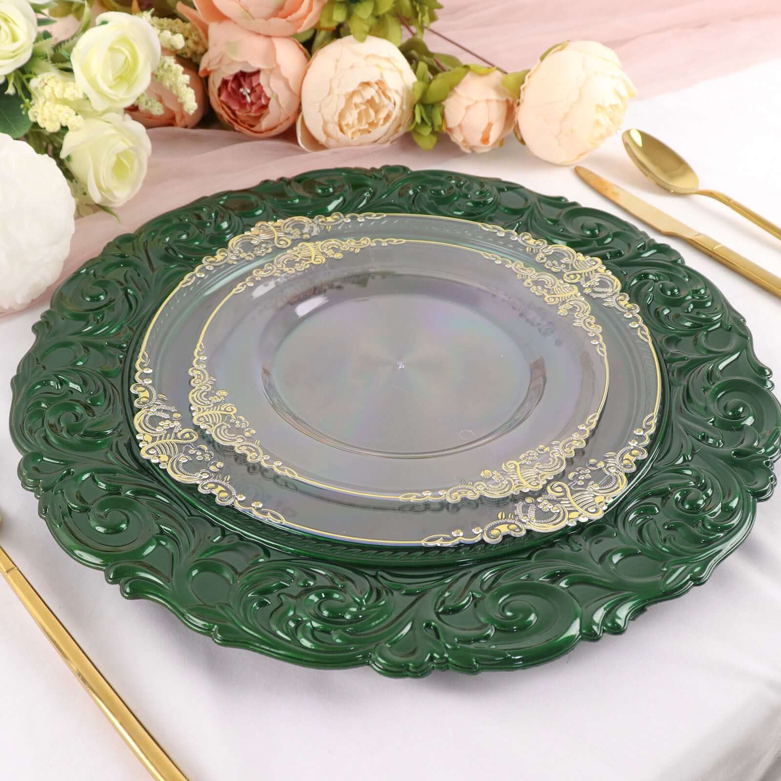 6-Pack Acrylic Round Charger Plates 14 in Hunter Emerald Green with Engraved Baroque Rim, Vintage Disposable Decorative Chargers