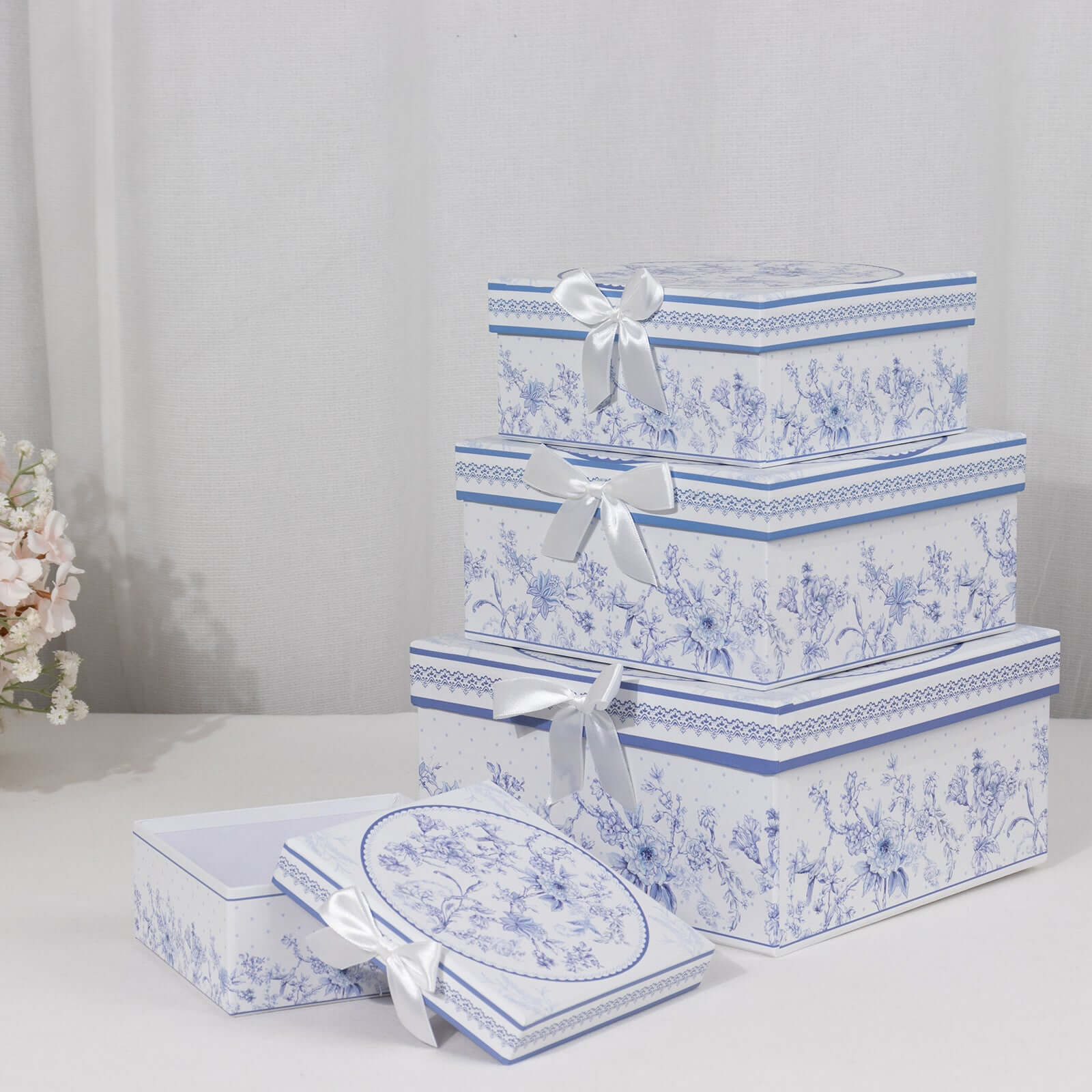 Set of 4 Cardstock Round Nesting Gift Boxes White Blue French Toile Design - Decorative Heavy Duty Stackable Keepsake Boxes With Lids for Presents Storage & Pedestal Stand 5,7,8,9