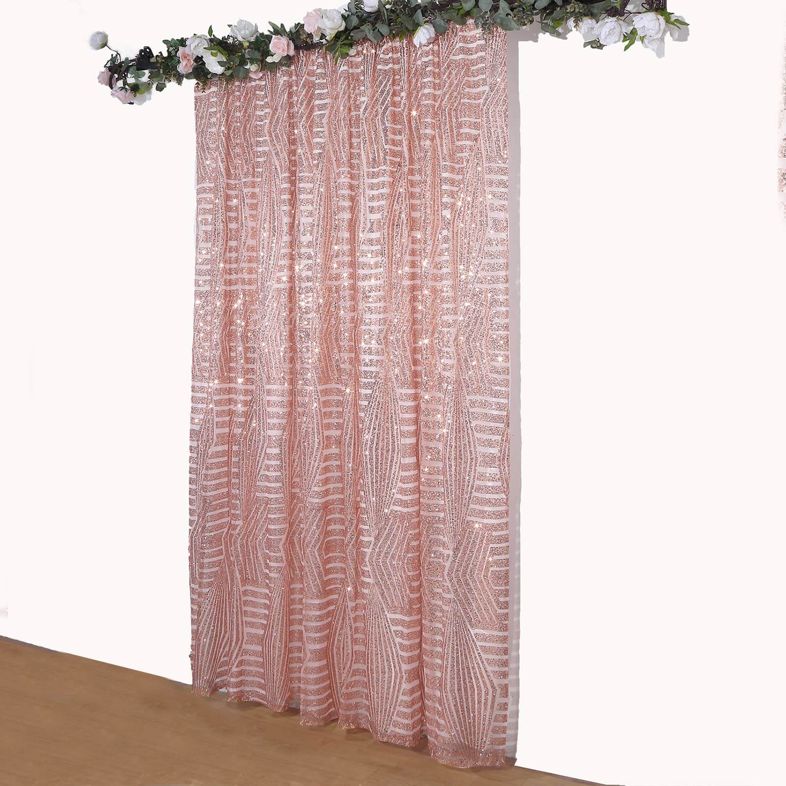 8ftx8ft Rose Gold Geometric Sequin Event Curtain Drapes with Satin Backing, Seamless Opaque Sparkly Backdrop Event Panel in Diamond Glitz Pattern