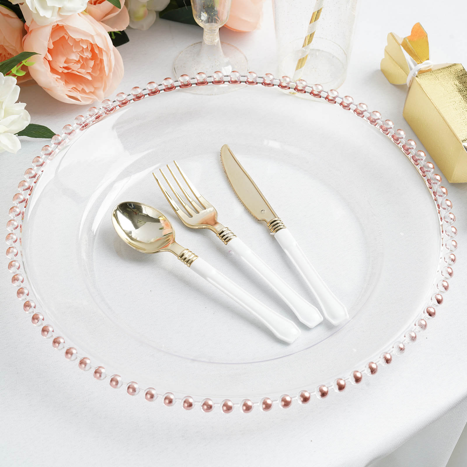 6-Pack Acrylic Round Charger Plates 13 in Clear with Rose Gold Beaded Rim, Decorative Dinner Party Serving Plates