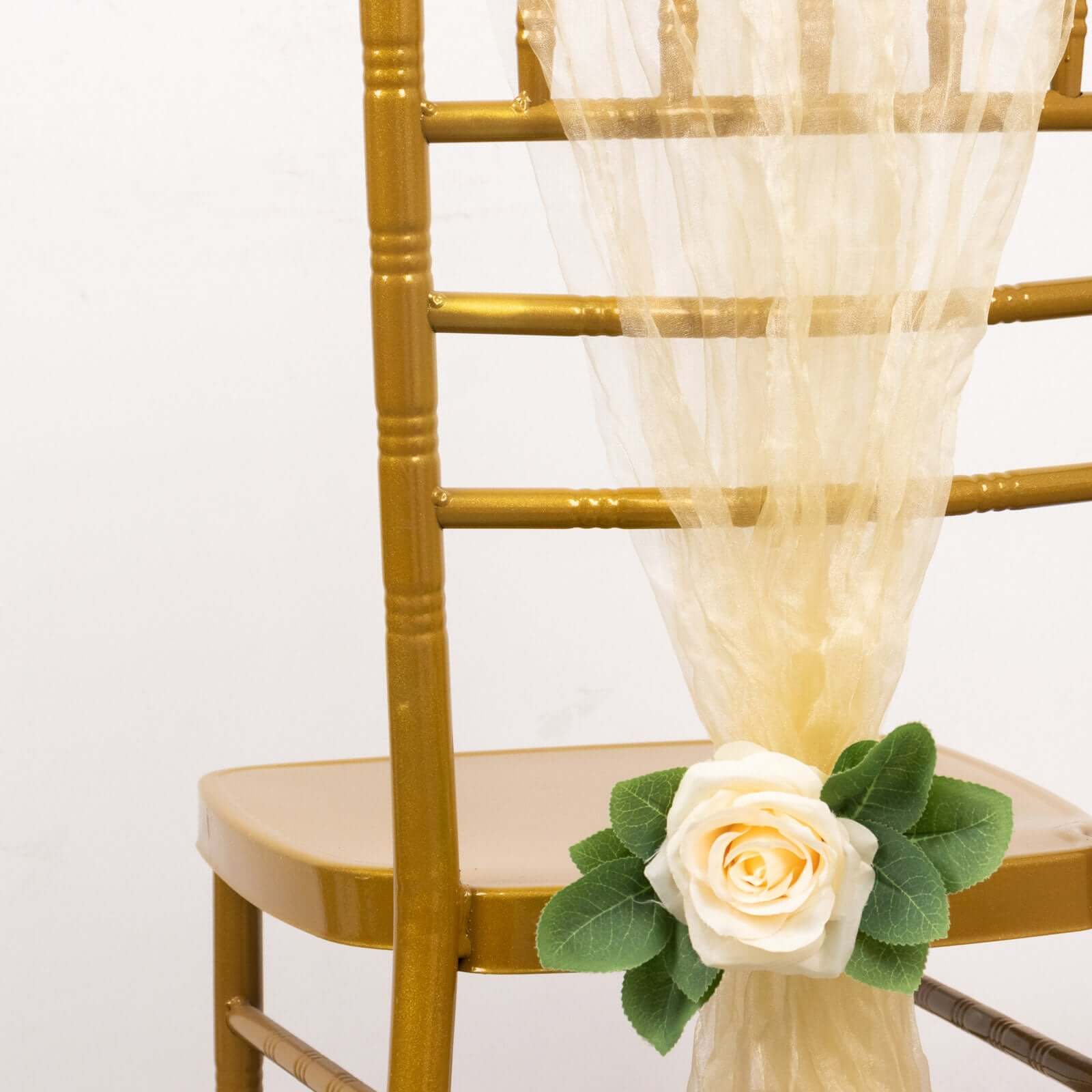 5 Pack Crinkled Organza Chair Sashes Champagne with Shimmer Chiffon Layers - Stylish Sheer Decor