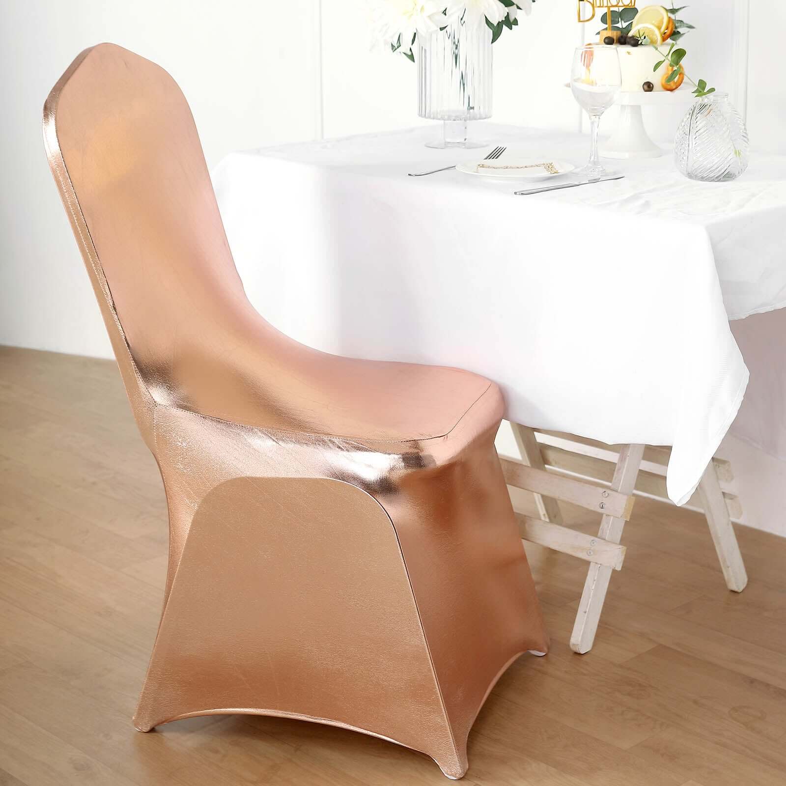 Spandex Banquet Chair Cover Metallic Rose Gold - Glittering Fitted Slipcover