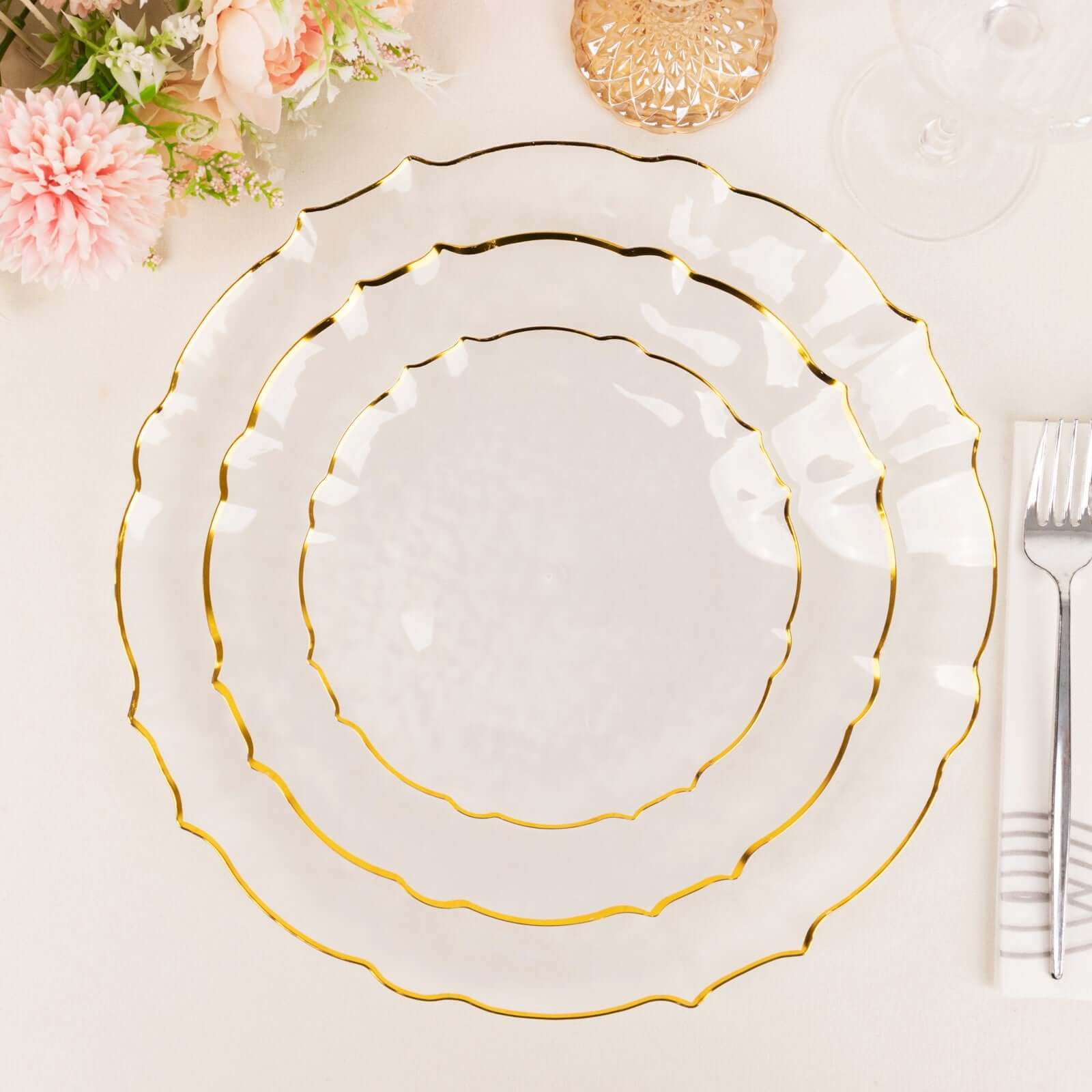 10-Pack Plastic 7 Round Dessert Appetizer Plates in Clear Sunflower with Gold Scalloped Rim - Disposable Salad Plates for Classy Events & Banquets