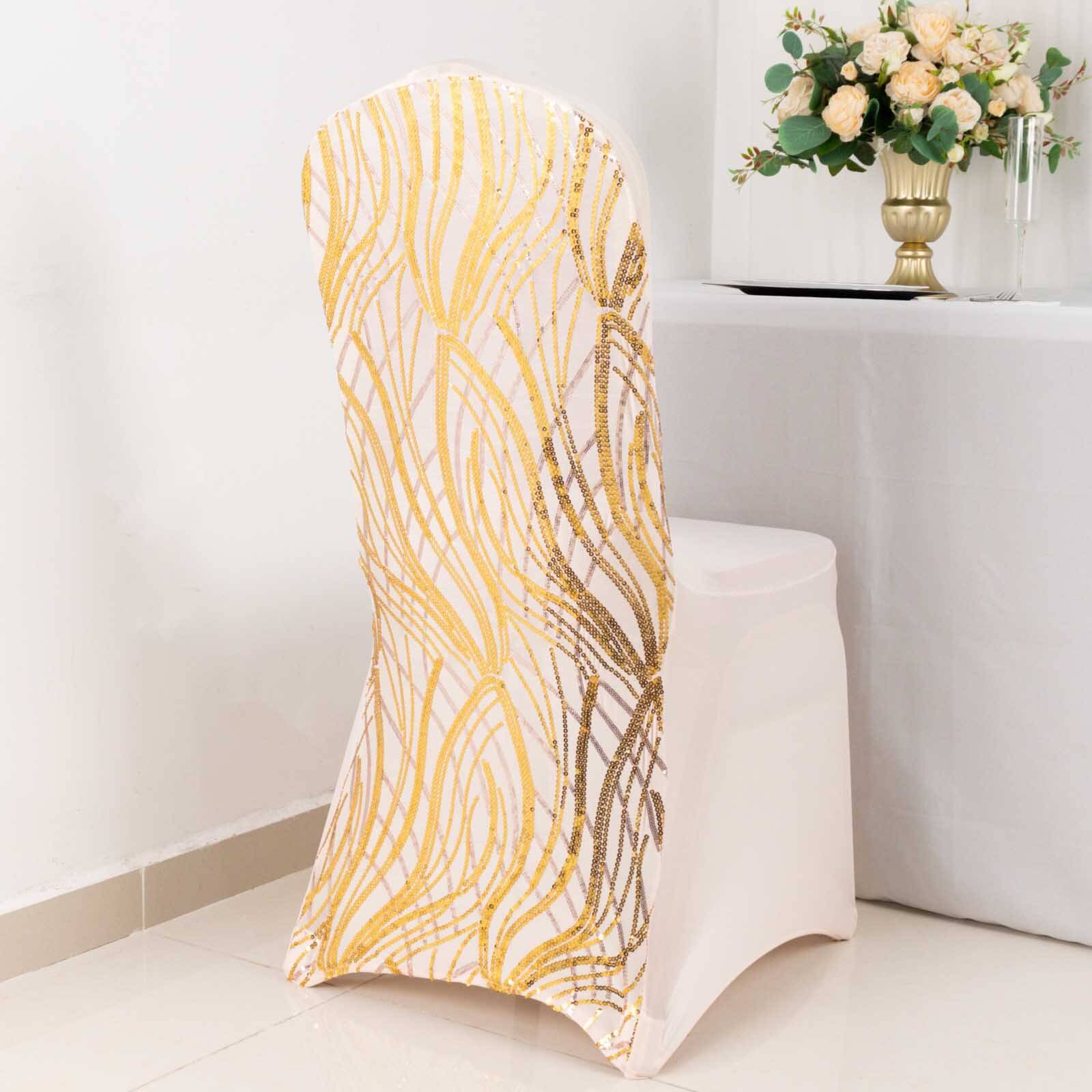 Spandex Chair Cover with Wave Embroidered Sequins for Banquet Chairs Rose Gold/Gold - Glittering Stretch Fitted Slipcover