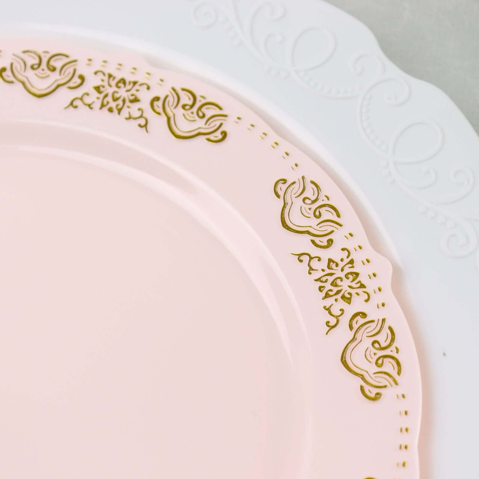 10-Pack Plastic 7.5 Round Appetizer Plates in Blush with Gold Embossed Scalloped Edge - Chic Disposable Salad Plates for Special Occasions & Banquets