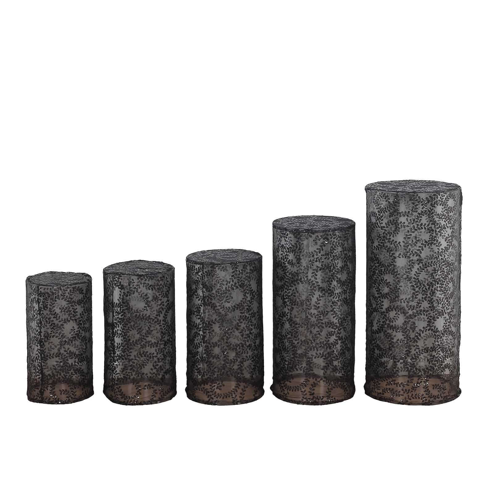 Set of 5 Black Sequin Mesh Cylinder Pedestal Stand Covers with Leaf Vine Embroidery, Sparkly Sheer Tulle Pillar Prop Covers