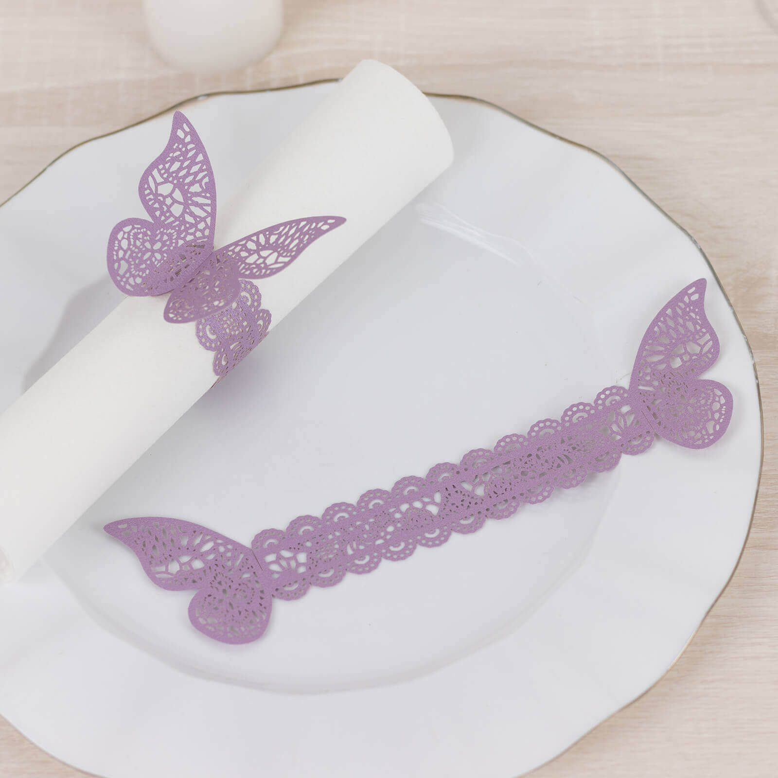 12-Pack Paper Napkin Rings Laser Cut Butterfly Lavender Shimmery - Decorative Serviette Holders