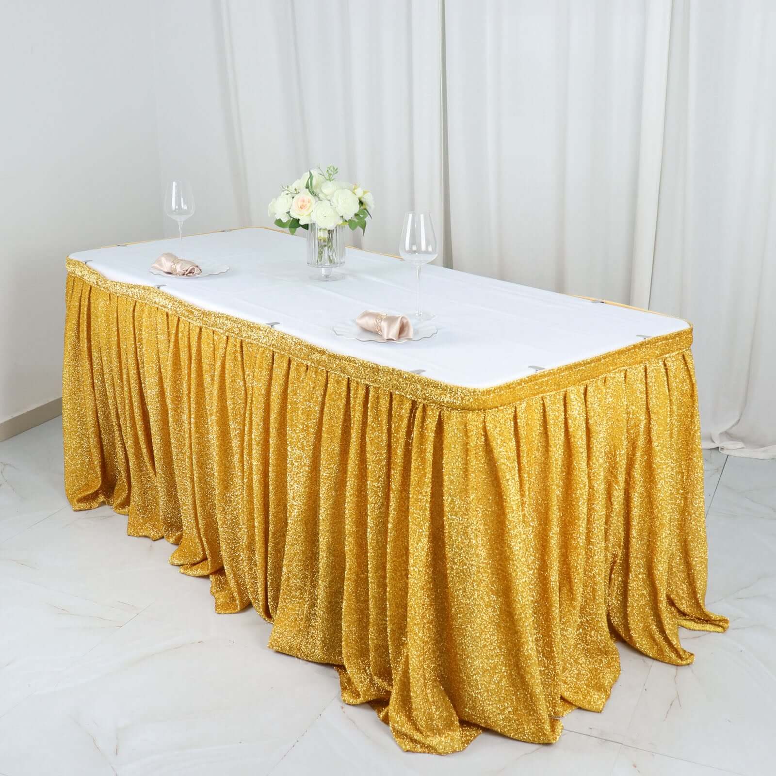 Spandex 17ft Table Skirt Gold Pleated Metallic Shimmer Tinsel with Top Velcro Strip Event Decoration