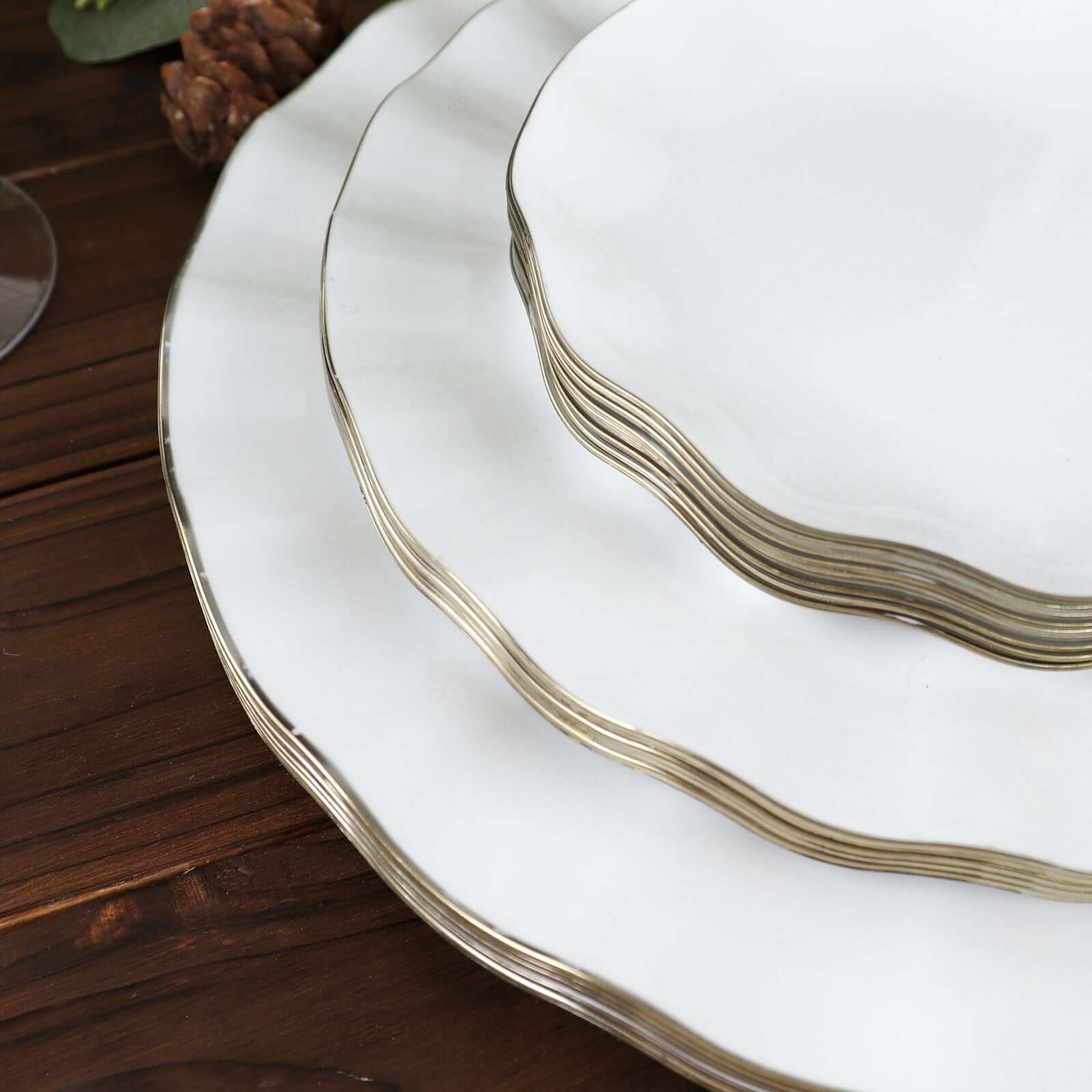 10-Pack Plastic 11 Round Dinner Plates in White Ruffled Rim with Gold Edging - Sturdy Disposable Dinnerware for Classy Events & Banquets