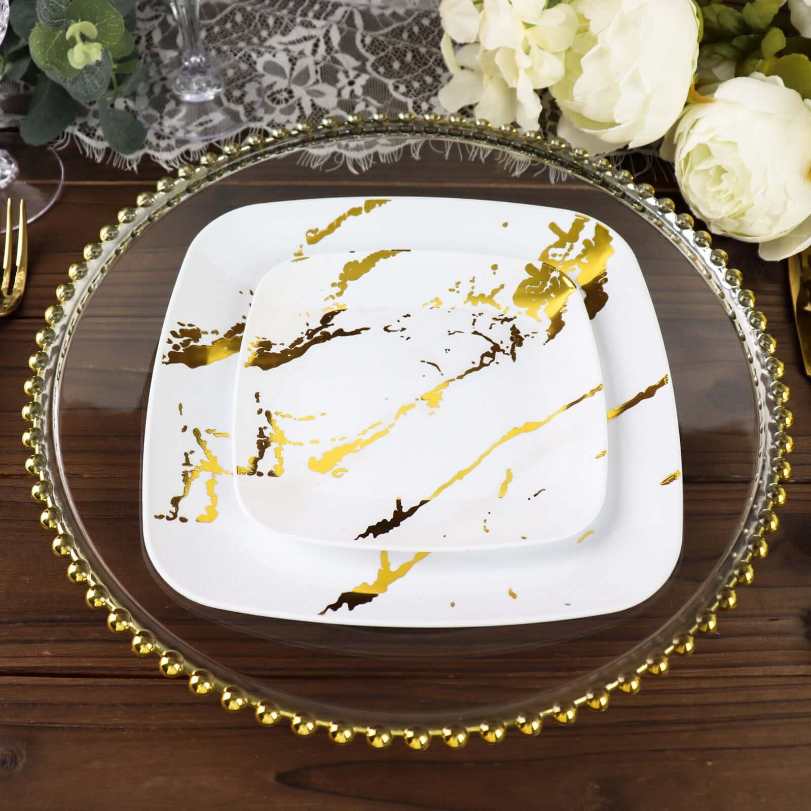 10-Pack Plastic 8 Square Dessert Plates in White with Gold Marble Design - Disposable Appetizer Salad Party Plates for Weddings, Banquets & Special Events