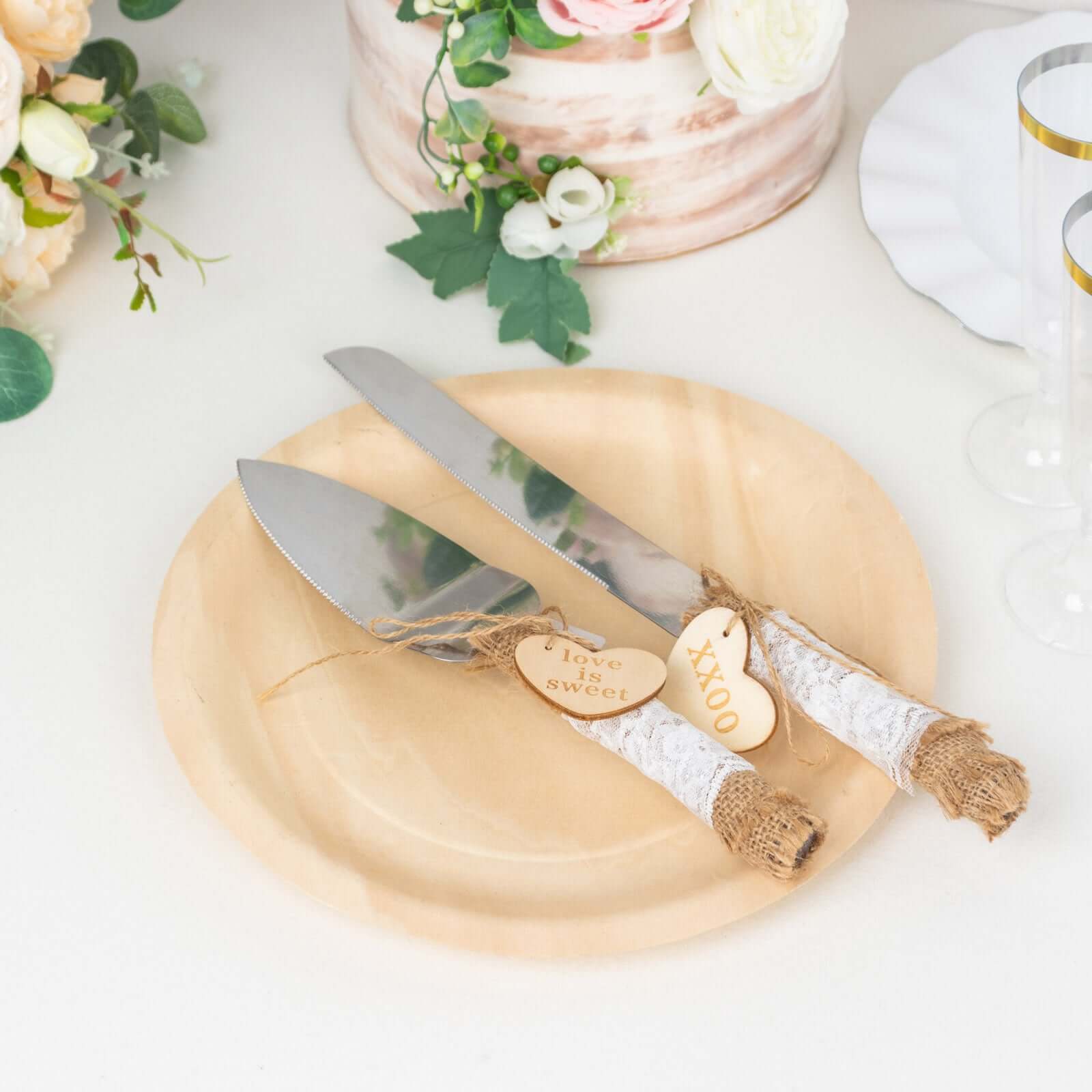 Stainless Steel Cake Knife and Server Set with Natural Rustic Jute Lace - Pre-Packed Wedding Party Favors in Gift Box