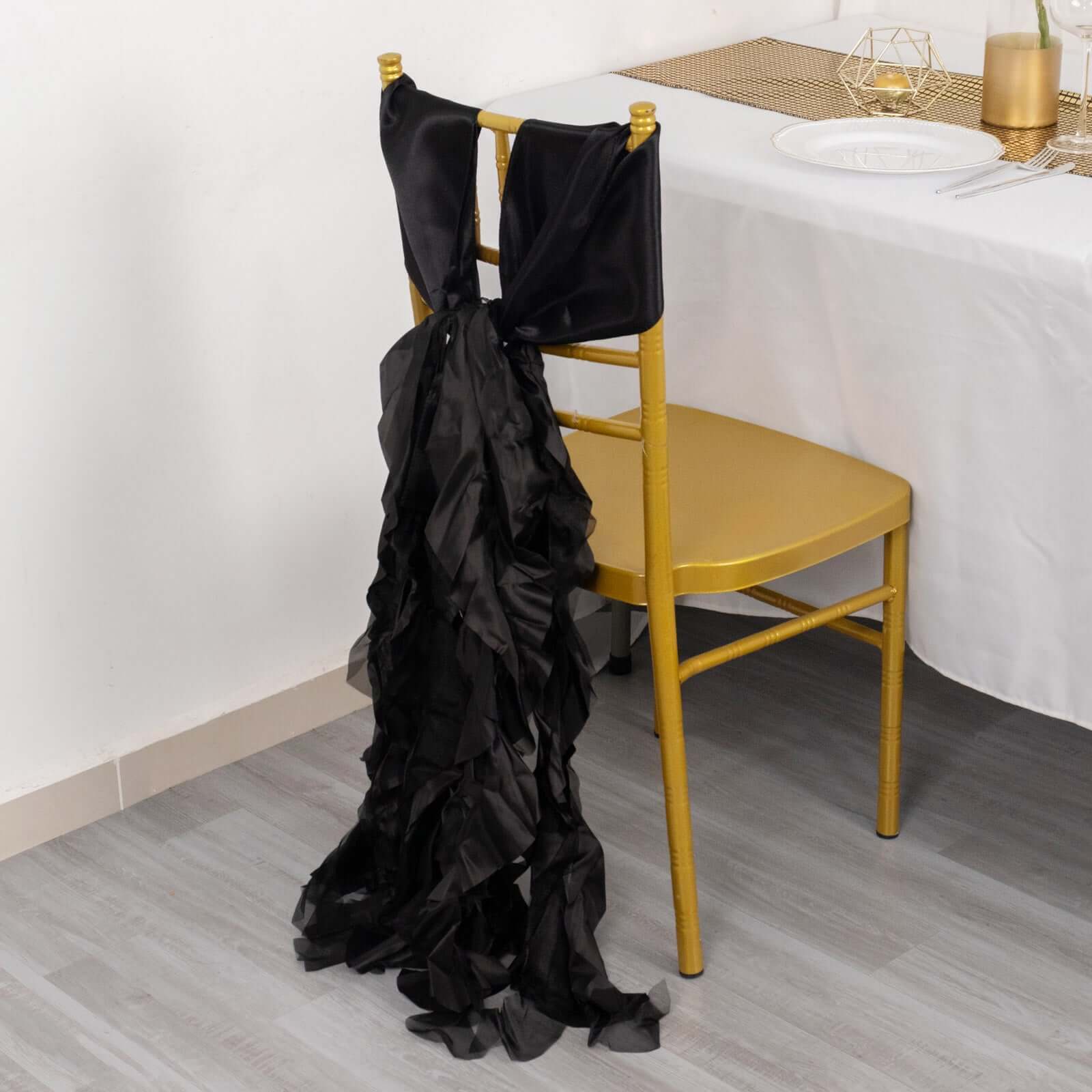 5 Pack Chiffon Satin Chair Sashes Black - Easy to Install Lustrous Ruffled Curly Willow Wedding Chair Decorations