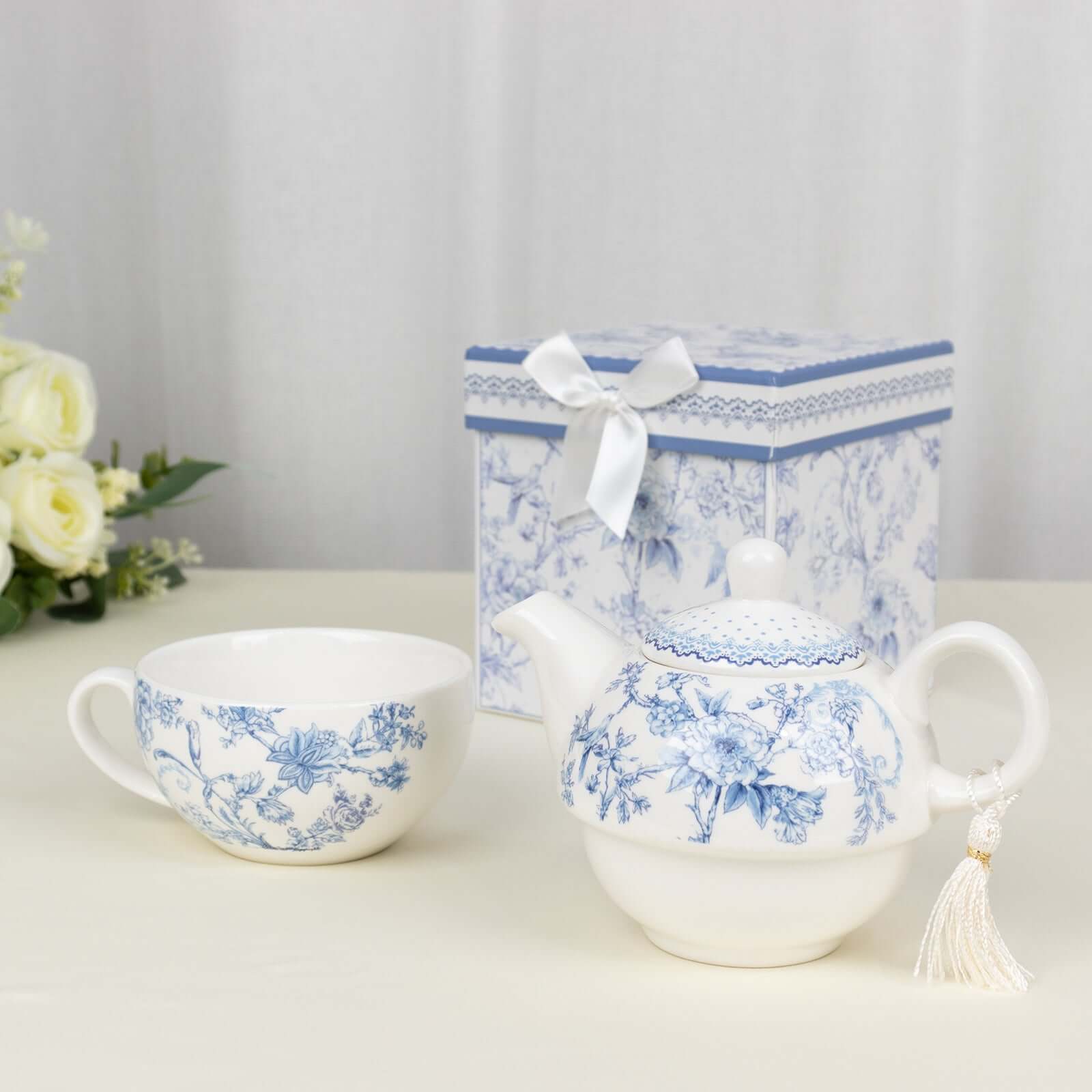 White Blue French Toile Bridal Shower Gift Set, Porcelain Teapot and Cup Set with Matching Keepsake Gift Box