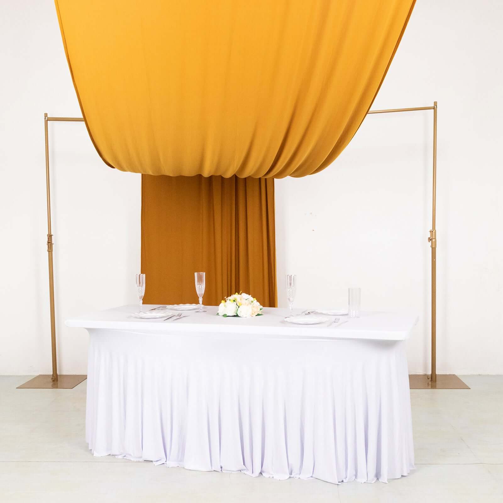 Gold 4-Way Stretch Spandex Event Curtain Drapes, Wrinkle Free Backdrop Event Panel with Rod Pockets - 5ftx18ft