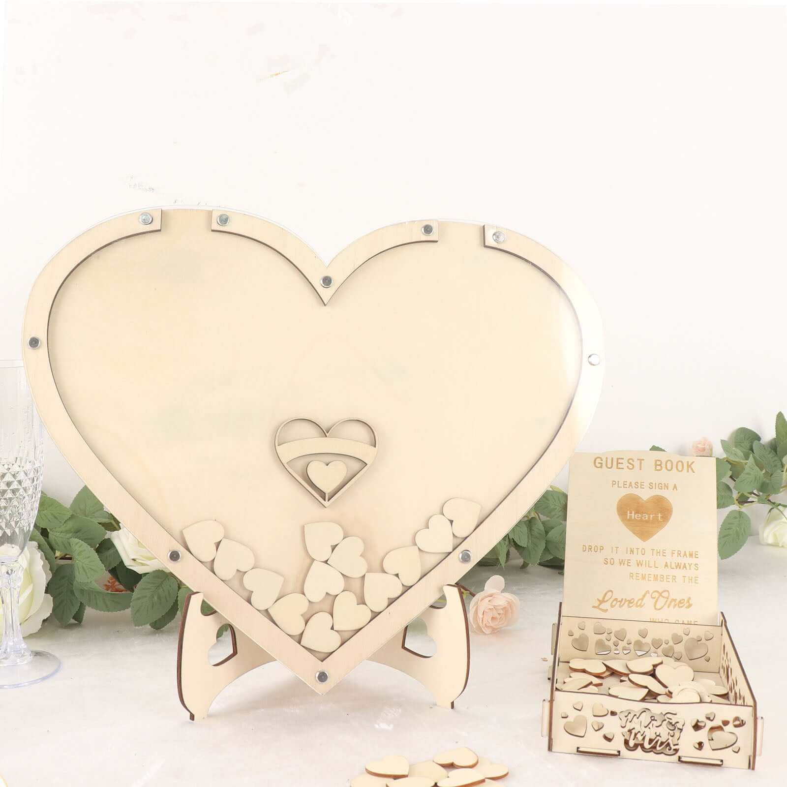 13 Wooden Heart Drop Top Frame Wedding Guest Book Alternative, Rustic Sign Display Stand
