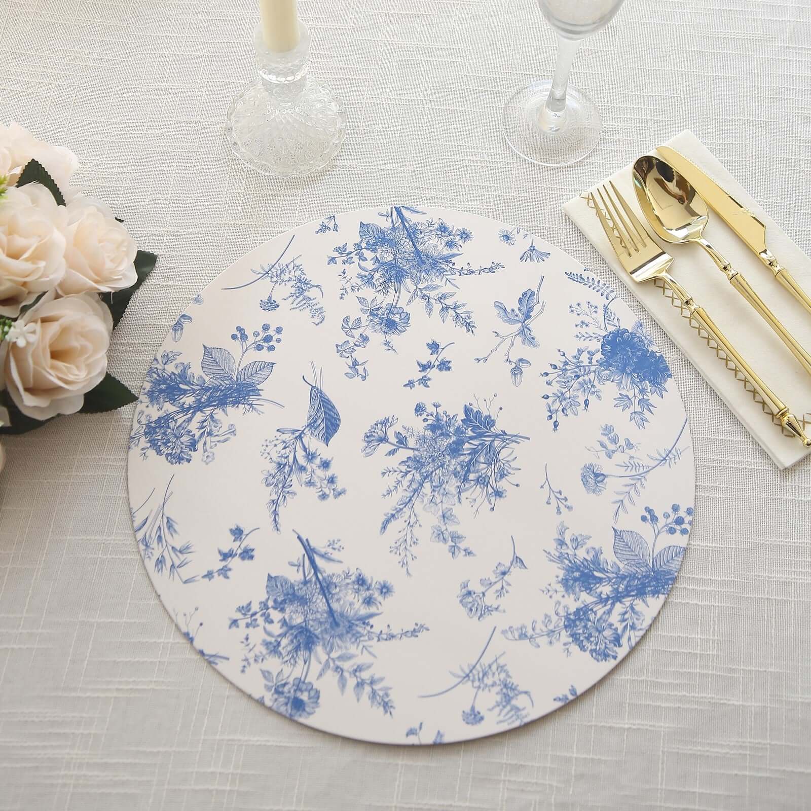 6-Pack Disposable Charger Plates in French Toile Print 13 in White/Blue - 700GSM Floral Paper Chargers for Stylish & Easy Cleanup
