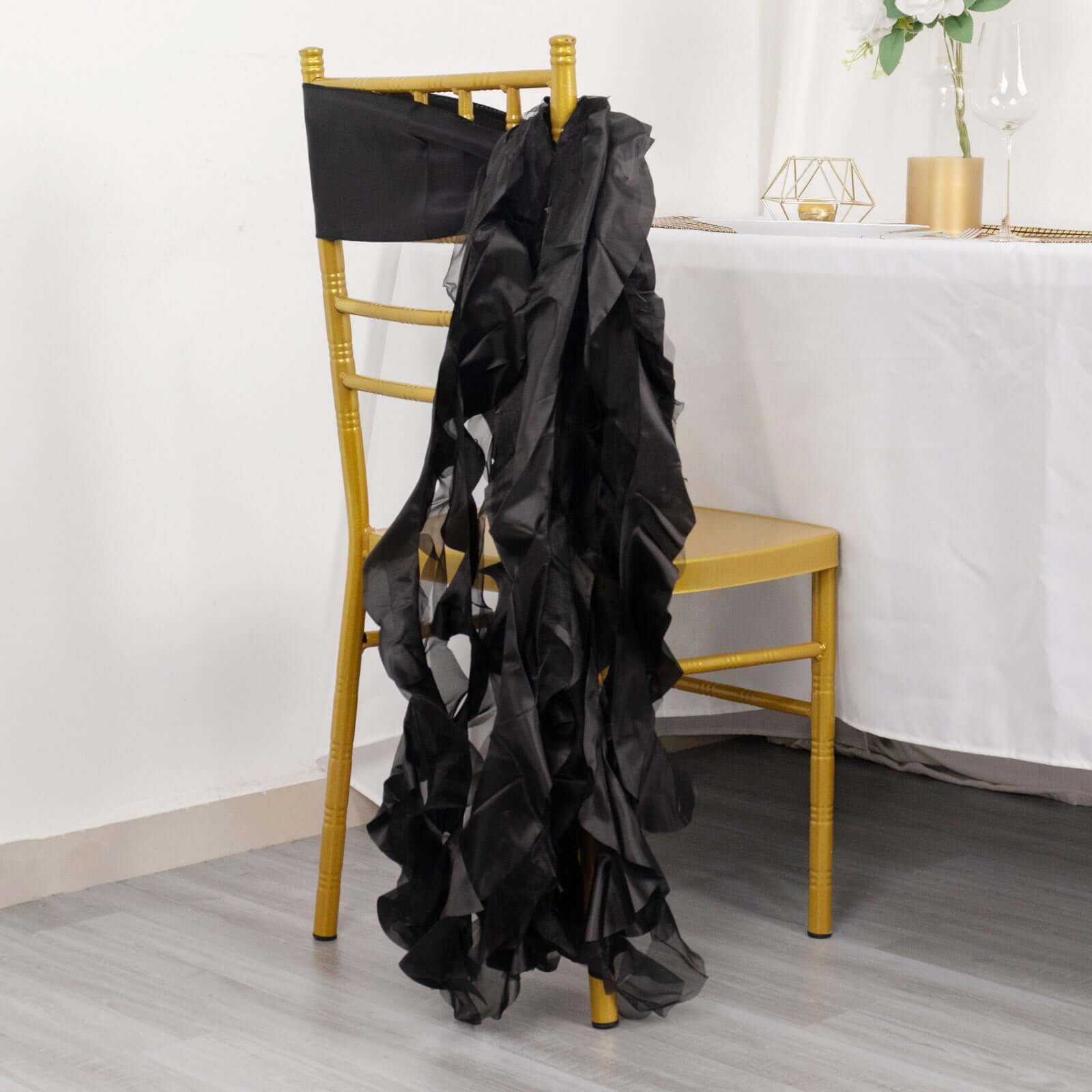 5 Pack Chiffon Satin Chair Sashes Black - Easy to Install Lustrous Ruffled Curly Willow Wedding Chair Decorations