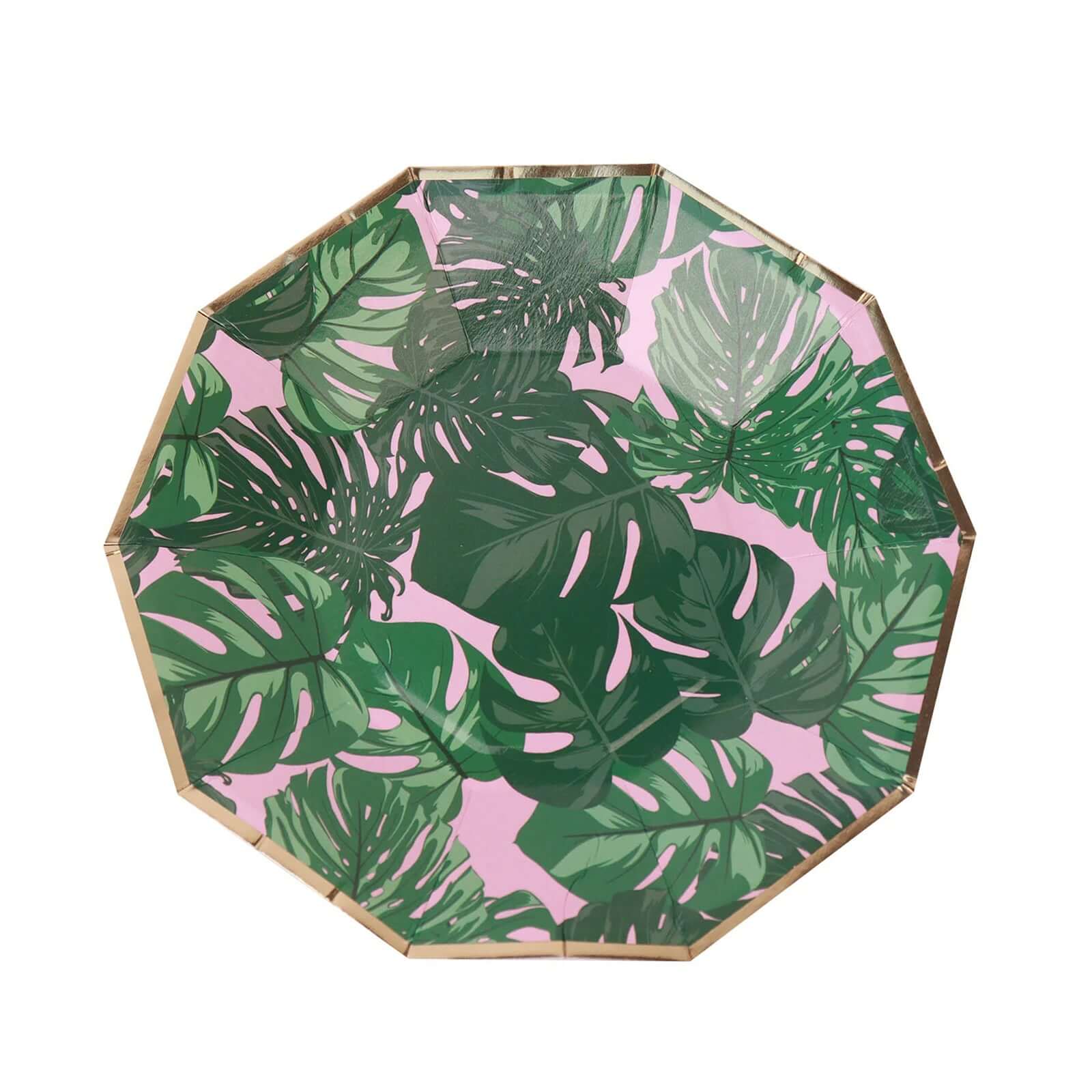 25-Pack Paper 7 Decagon Dessert Plates in Pink with Green Tropical Palm Leaves & Gold Rim - Disposable Geometric Appetizer Salad Plates for Boho Chic & Jungle Themed Events