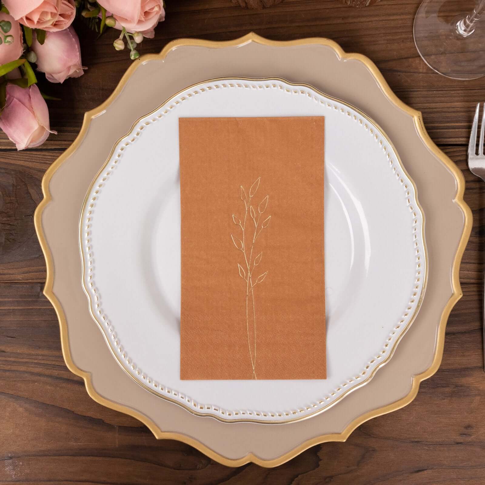 50-Pack Paper Dinner Napkins Terracotta (Rust) with Gold Embossed Leaf - Stylish 2-Ply Disposable Napkins for Weddings 18GSM