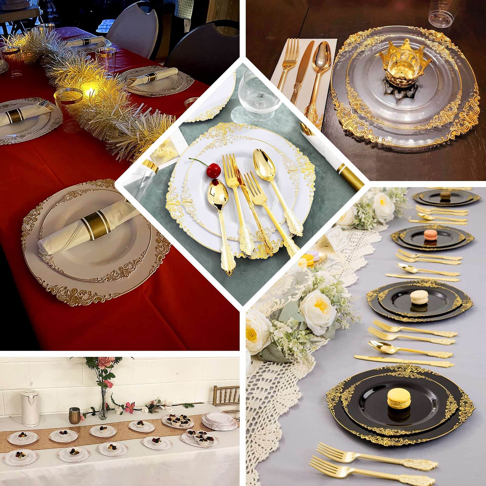 10-Pack Plastic 10 Round Dinner Plates in Clear with Gold Leaf Embossed Rim - Disposable Vintage Baroque Style Plates