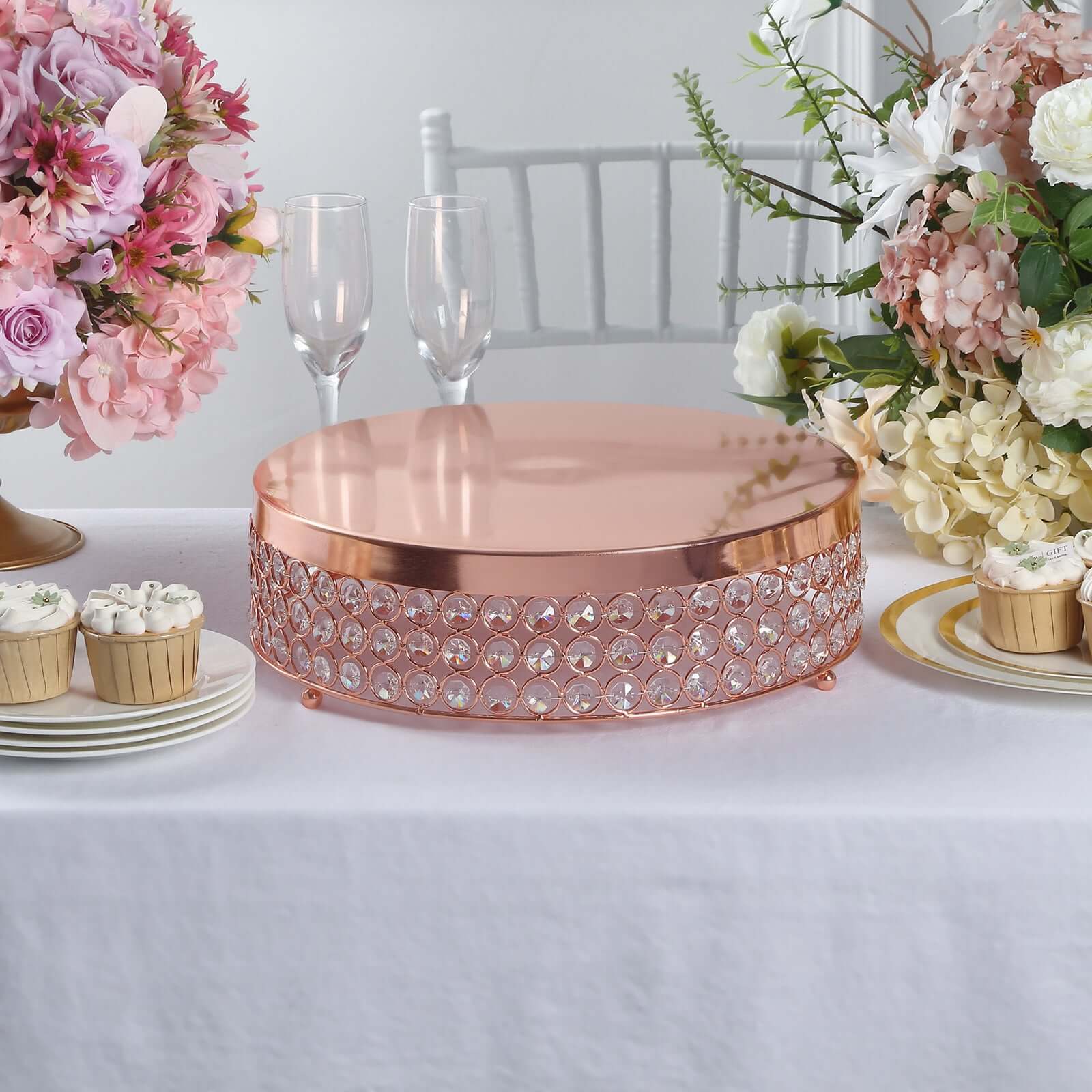 Metal Cake Stand Pedestal Crystal Beaded Design Rose Gold - Cupcake Display and Dessert Riser 13