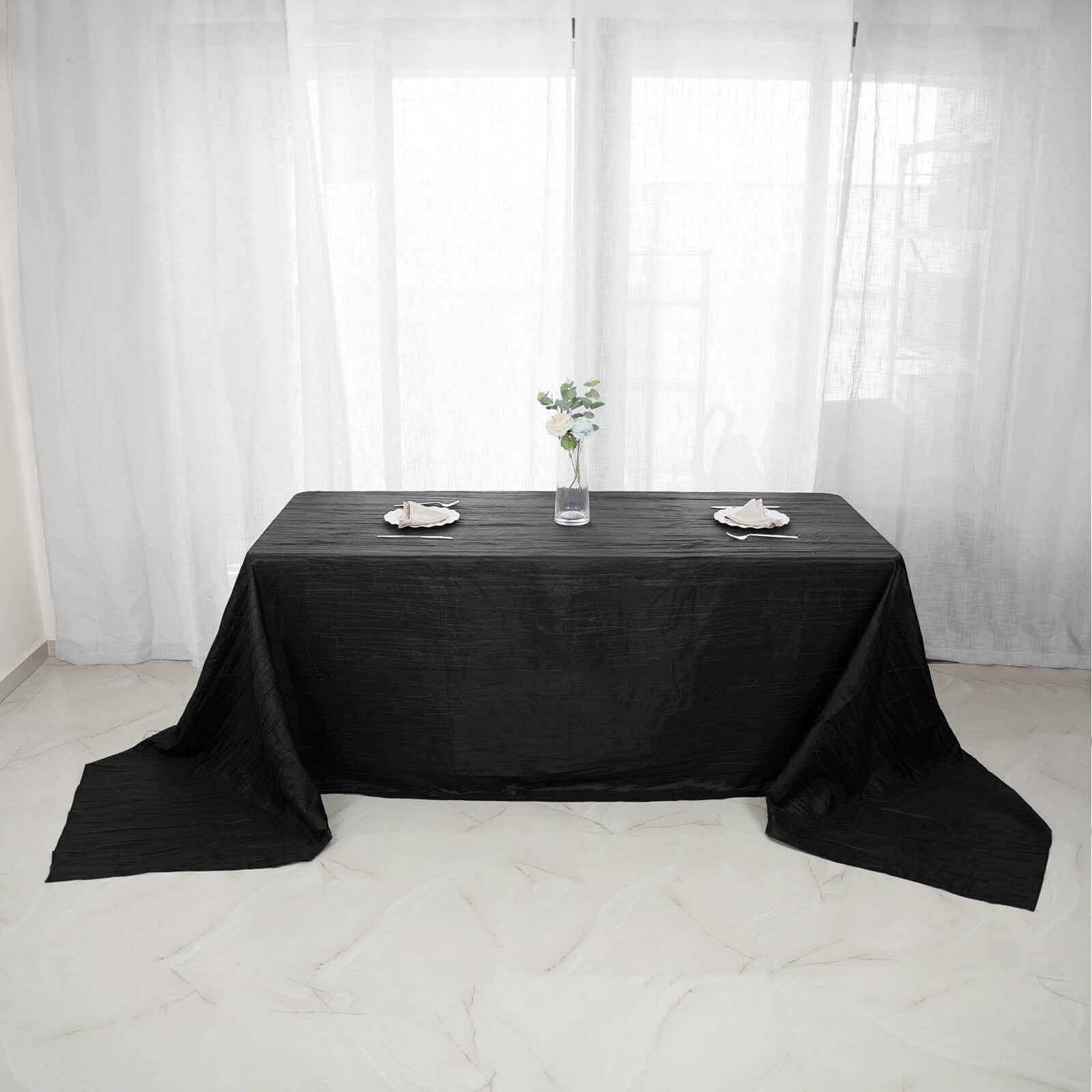 Taffeta 90x156 Rectangle Tablecloth Black - Accordion Crinkle Seamless Table Cover