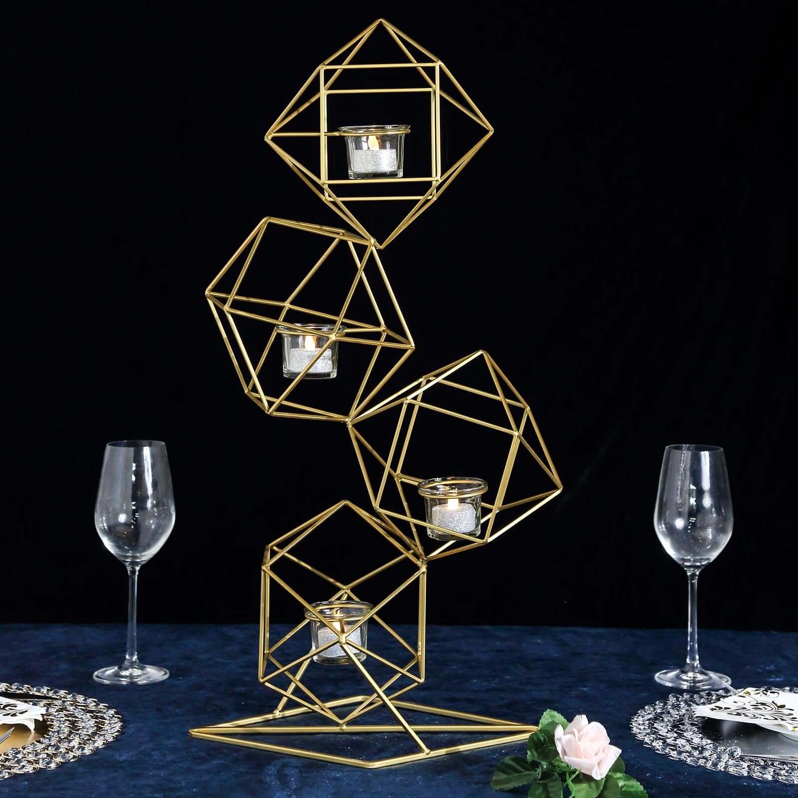 Tealight Candle Holder Metal Linked Geometric Design Gold with Votive Glass Holders - Sophisticated Decor for Tables & Gatherings 25