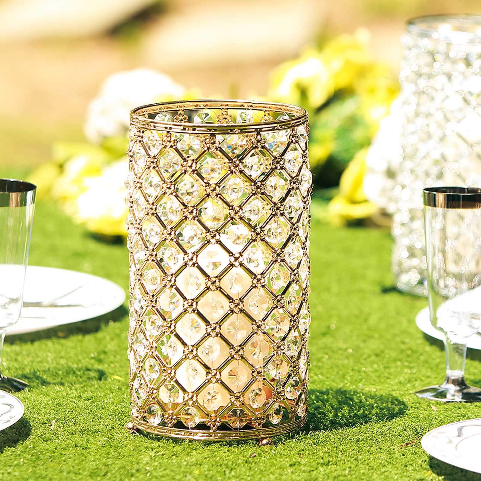 2-Pack Metal Crystal Beaded Pillar Holders Gold - Versatile Stem Vase Set for Decor 9