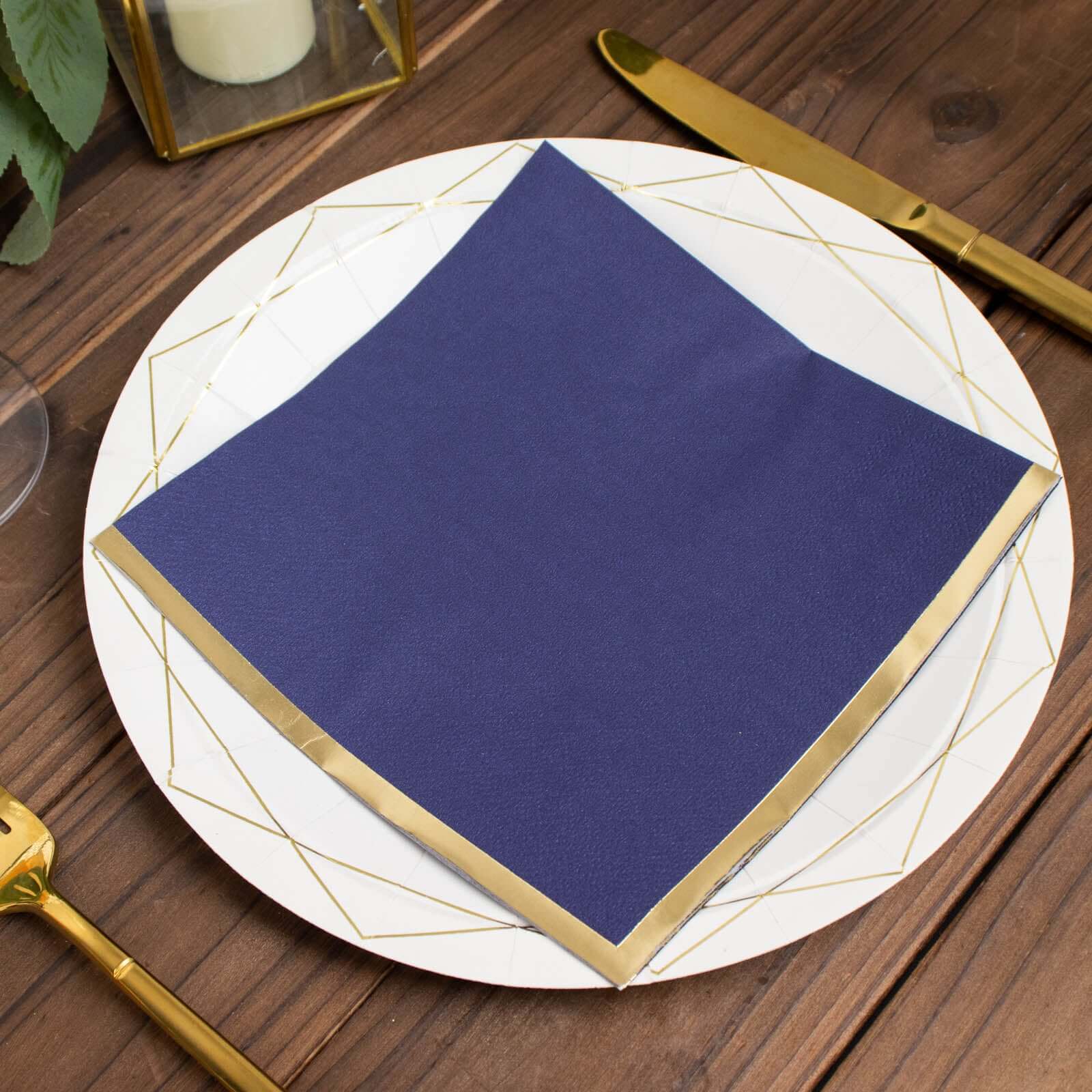 50-Pack Paper Beverage Napkins with Gold Foil Edge Navy Blue - Disposable 2 Ply Cocktail Napkins for Events 6.5x6.5