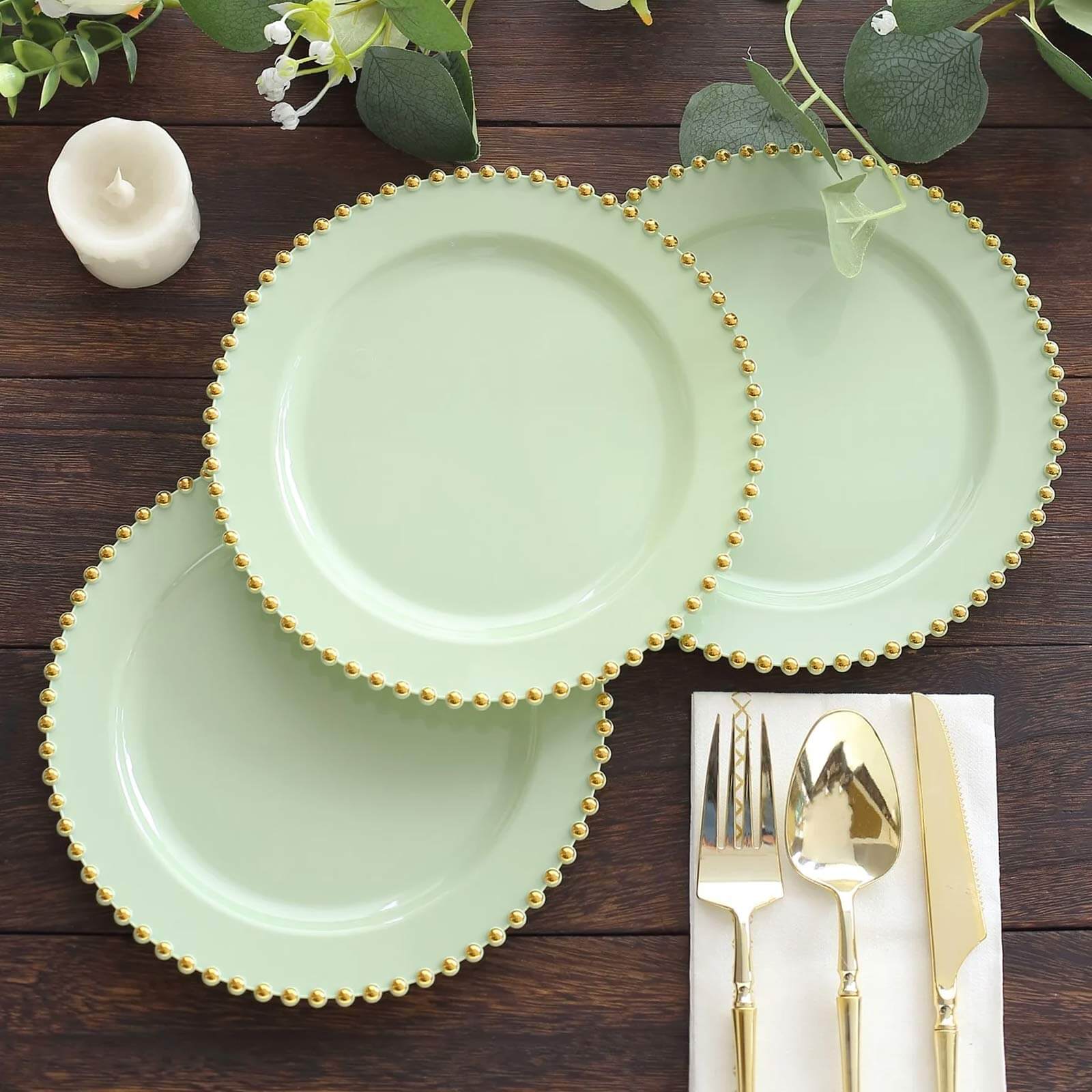 10-Pack Plastic 8 Round Appetizer Dessert Plates in Sage Green with Gold Beaded Rim - Disposable Salad Plates