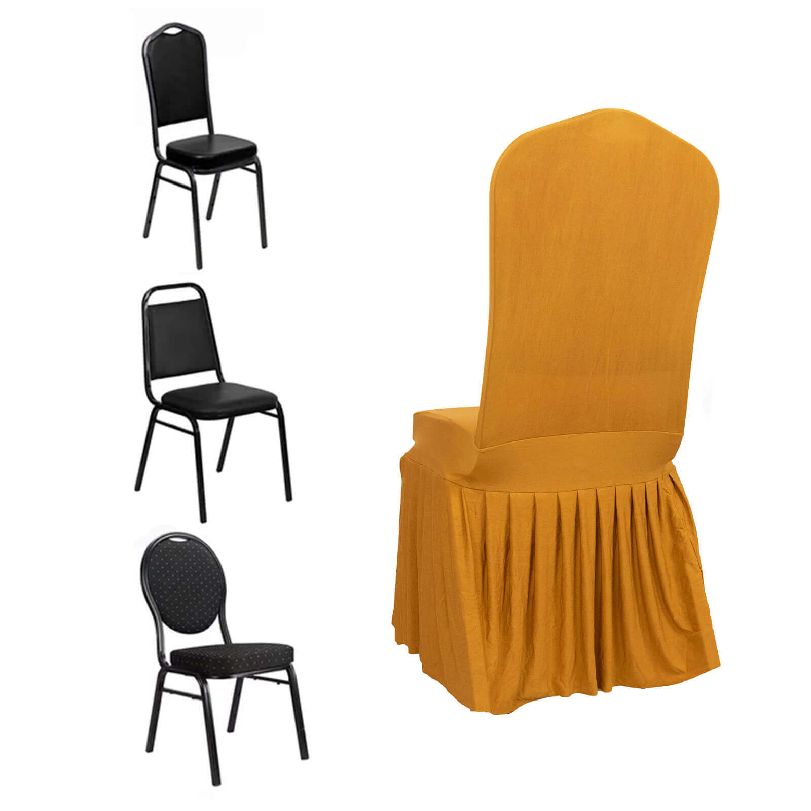 Spandex Chair Cover with Ruffle Pleated Skirt for Banquet Chairs Gold - 1-Piece Stretch Fitted Slipcover