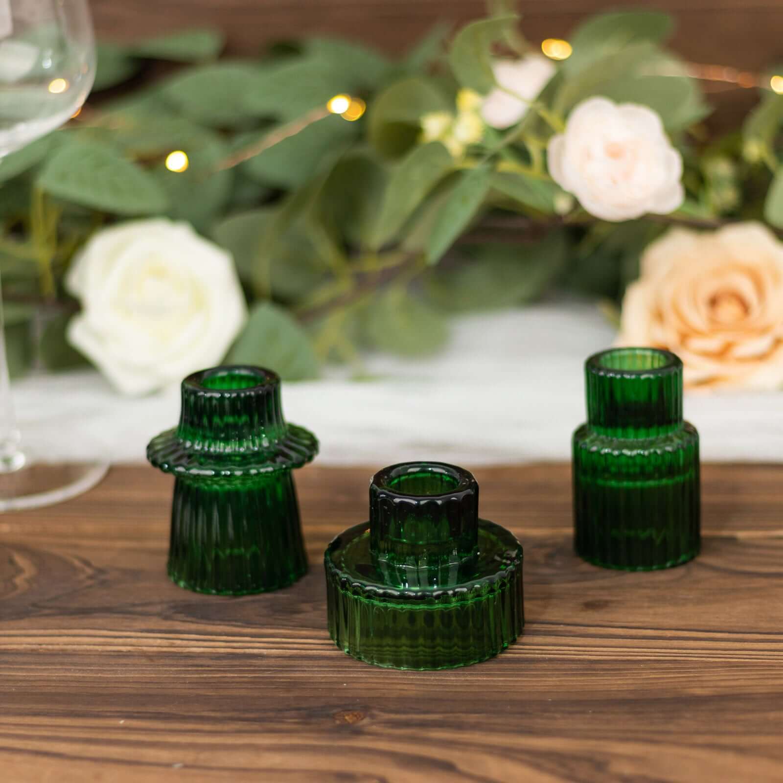 Set of 6 Glass Taper Candle Holders Ribbed Crystal Design Hunter Emerald Green - Reversible Mini Votive Tealight Stands 3