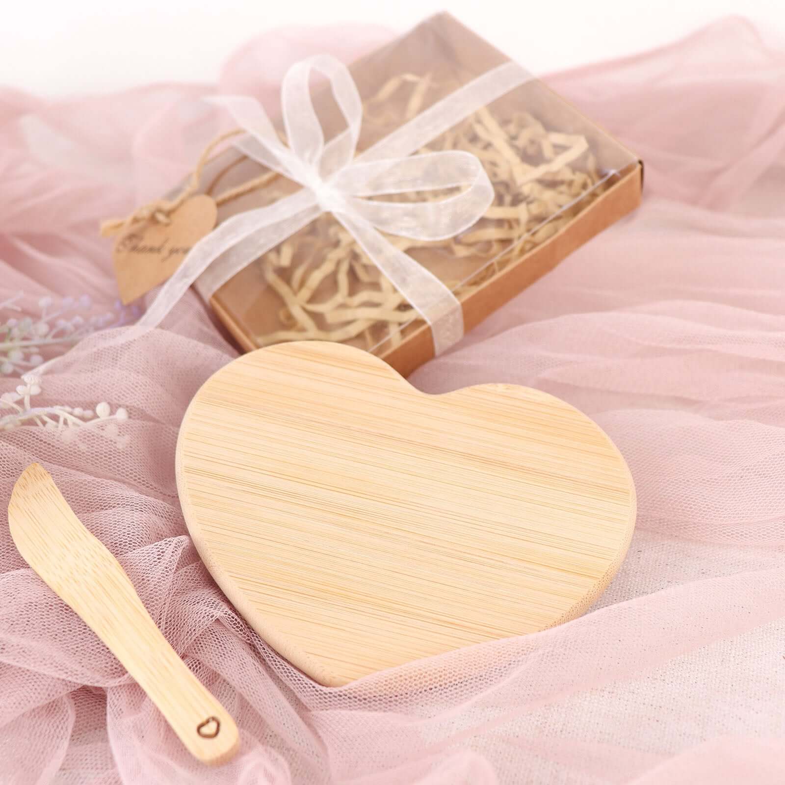 Heart Shaped Bamboo Brie Cheese Board and Knife Set Party Favor with Clear Gift Box, Ribbon & Thank You Tag