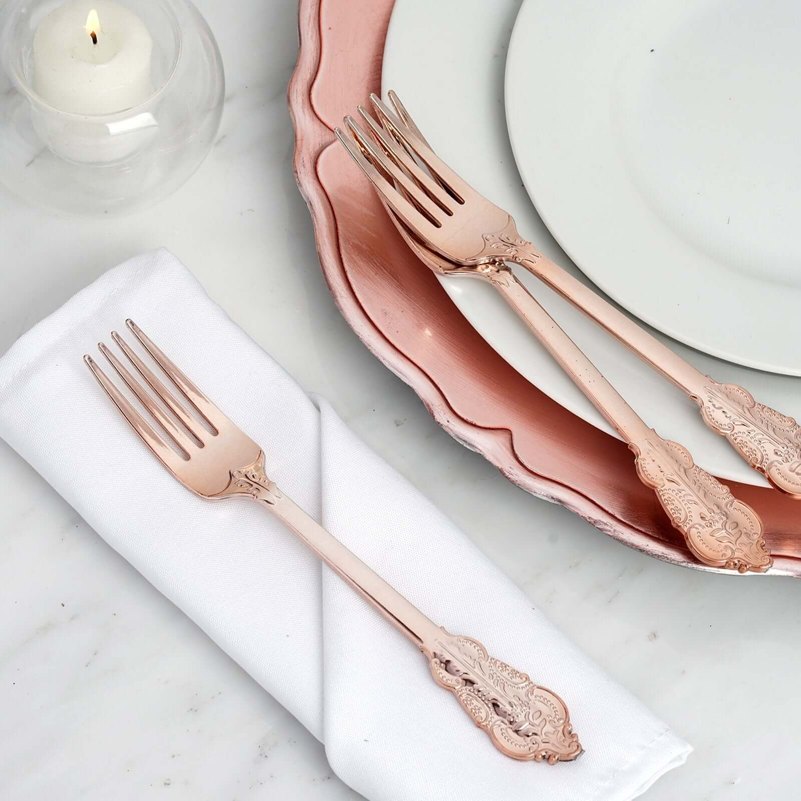 24 Pack Metallic Rose Gold 8 Baroque Style Heavy Duty Plastic Forks