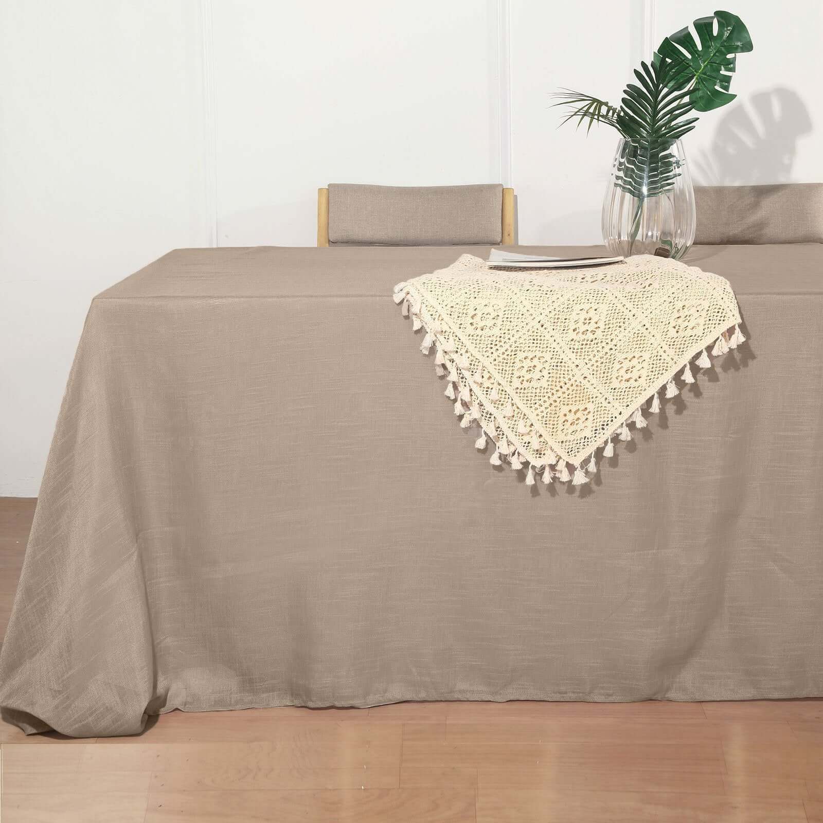 Faux Linen 90x132 Rectangular Tablecloth Taupe - Slubby Texture Wrinkle-Resistant Seamless Table Cover