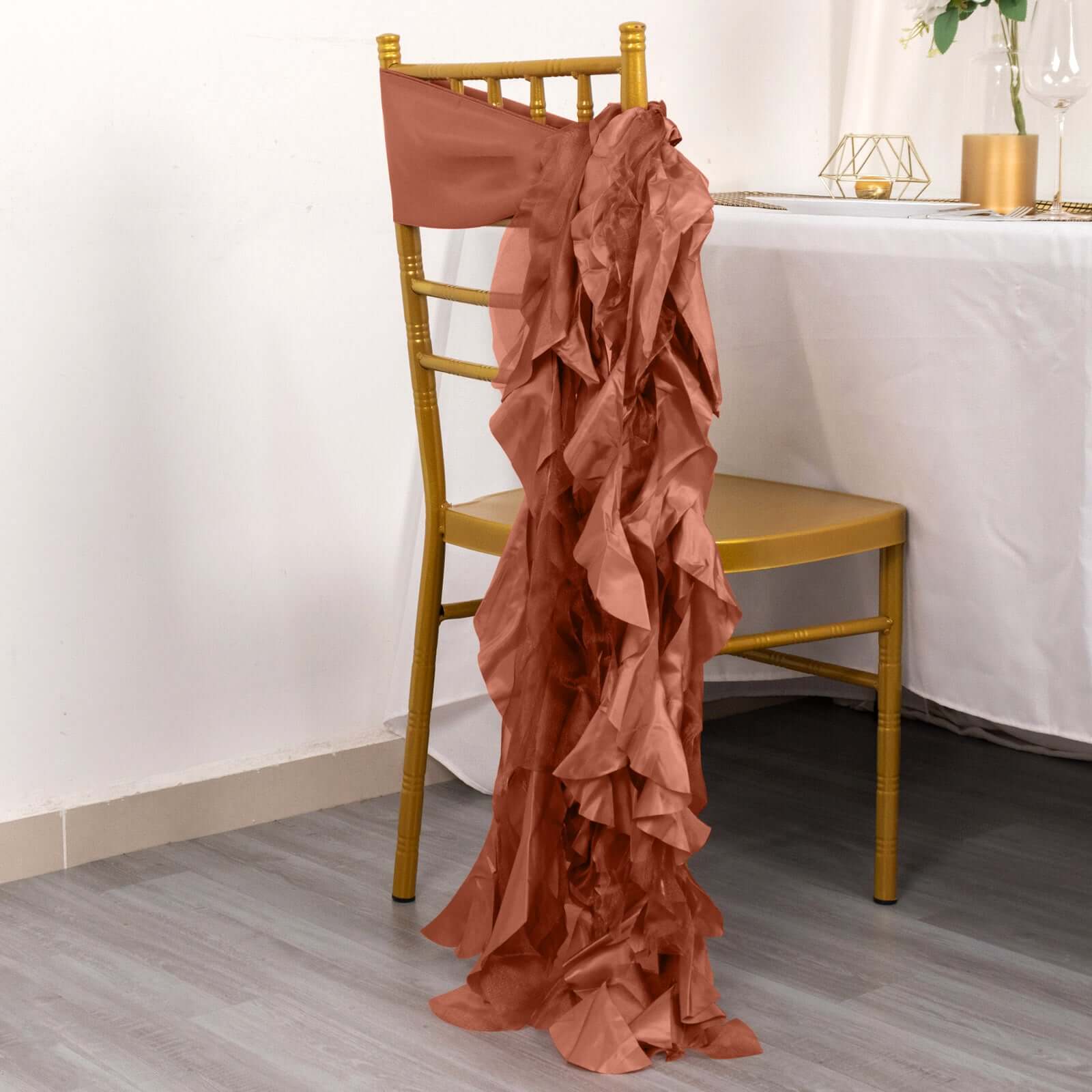 5 Pack Chiffon Satin Chair Sashes Terracotta (Rust) - Easy to Install Ruffled Curly Willow