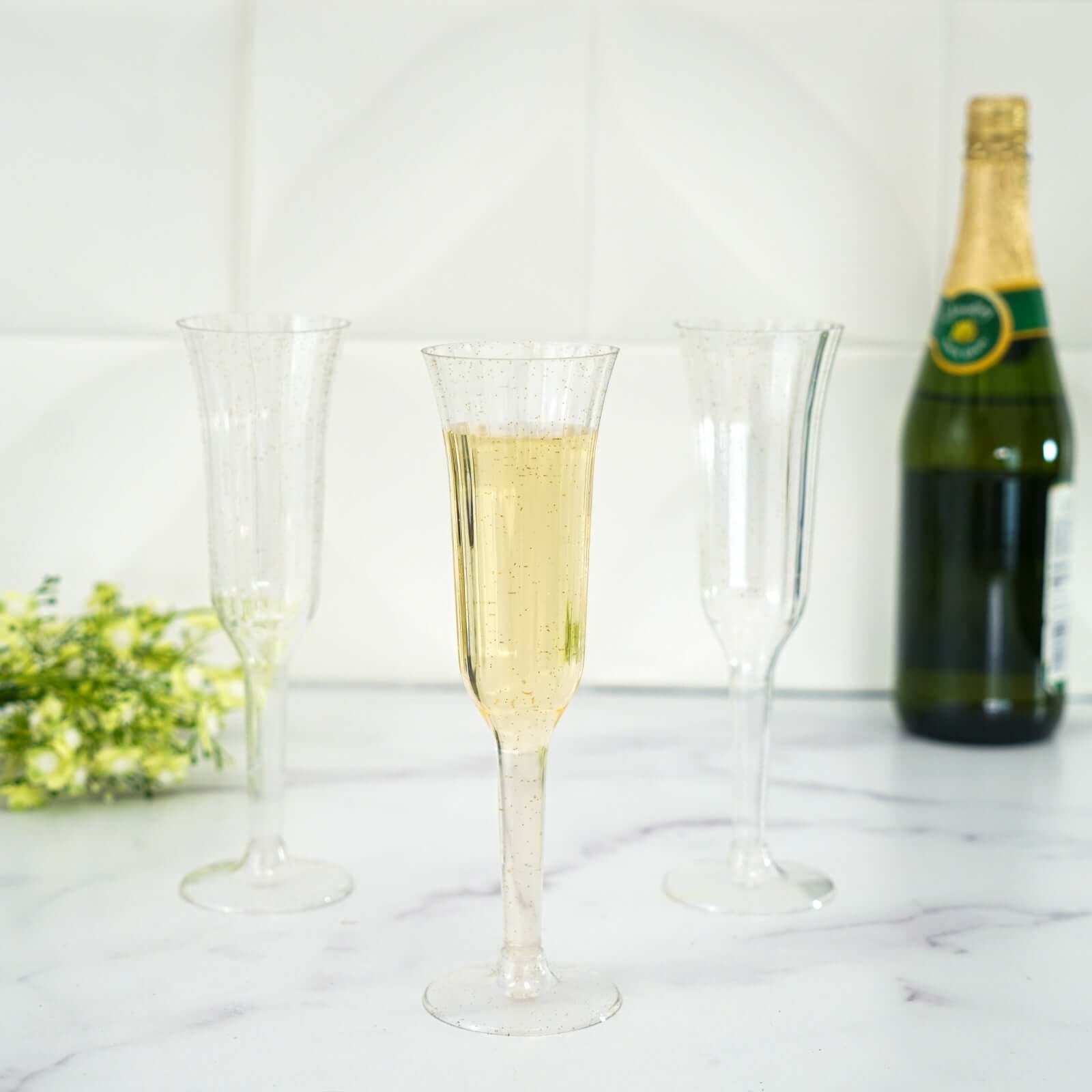 12-Pack Plastic Champagne Flutes Clear/Gold Glitter Flared Design - Lightweight Disposable Toasting Glasses 6oz