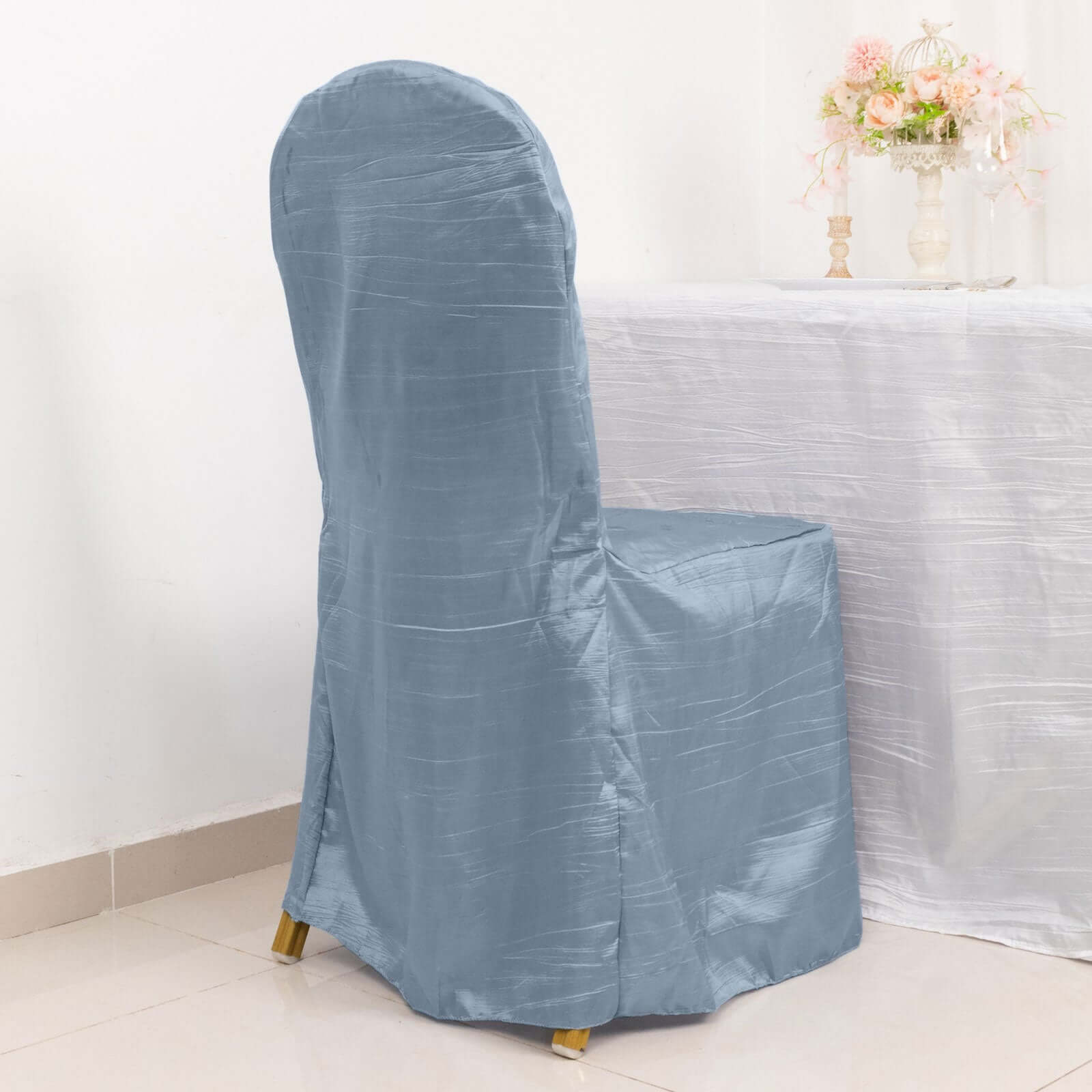 Crinkle Crushed Taffeta Chair Cover for Banquet Chairs Dusty Blue - Reusable Slipcover