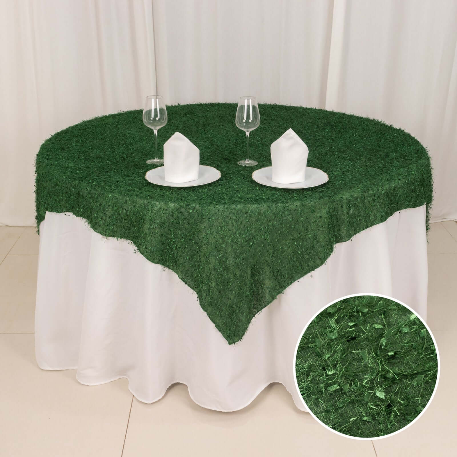 Polyester 72x72 Table Overlay Square Tablecloth Green - Fringe Shag Table Topper